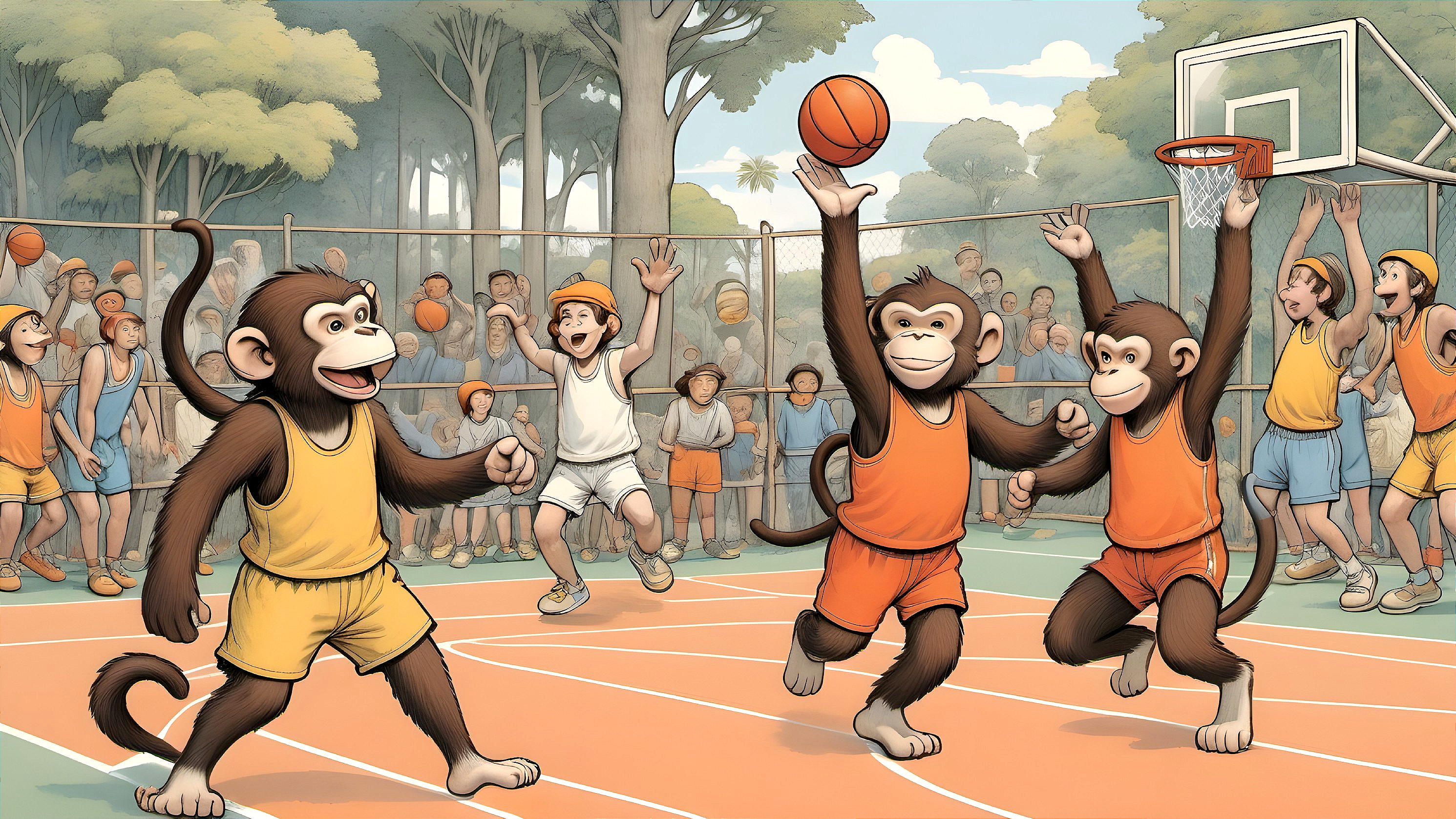 Monkeys Compete on Colorful Basketball Court