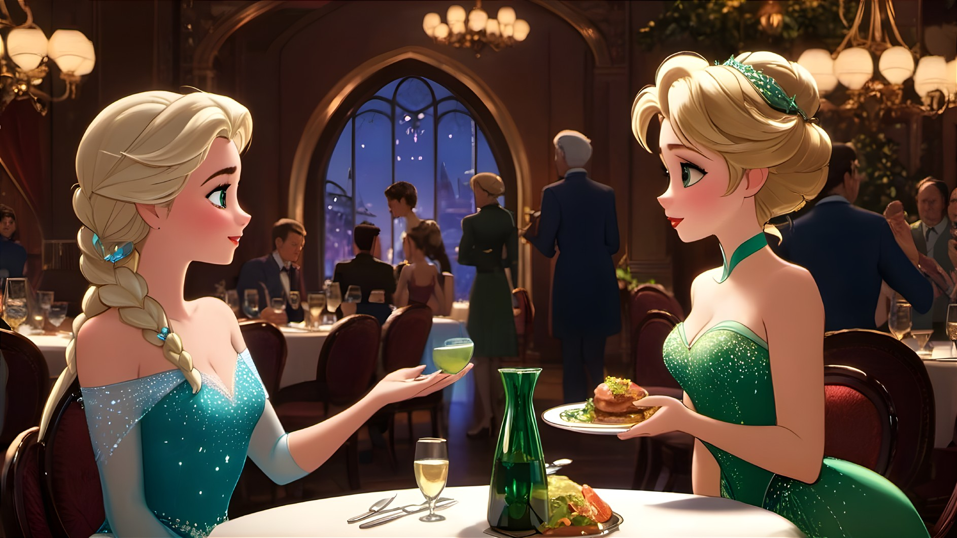 Elegant Restaurant Scene with Women in Sparkly Dresses