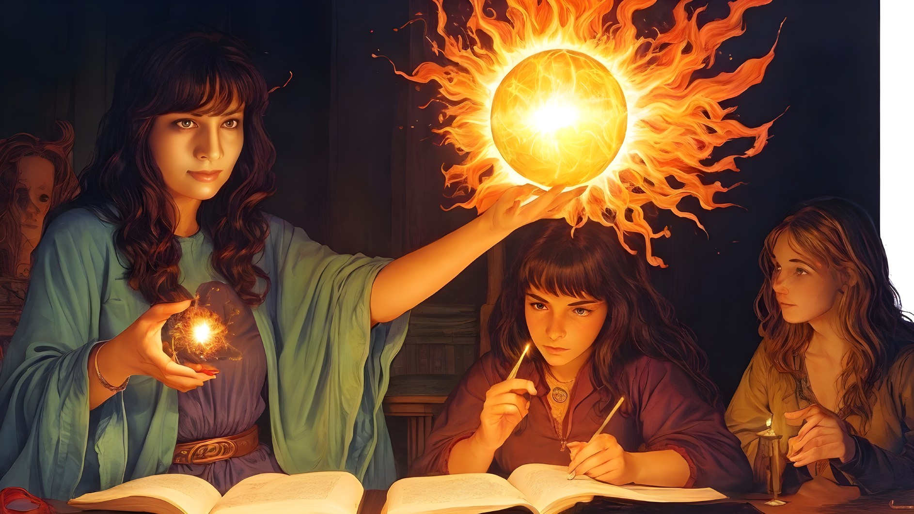 Young women studying magic in a dimly lit room