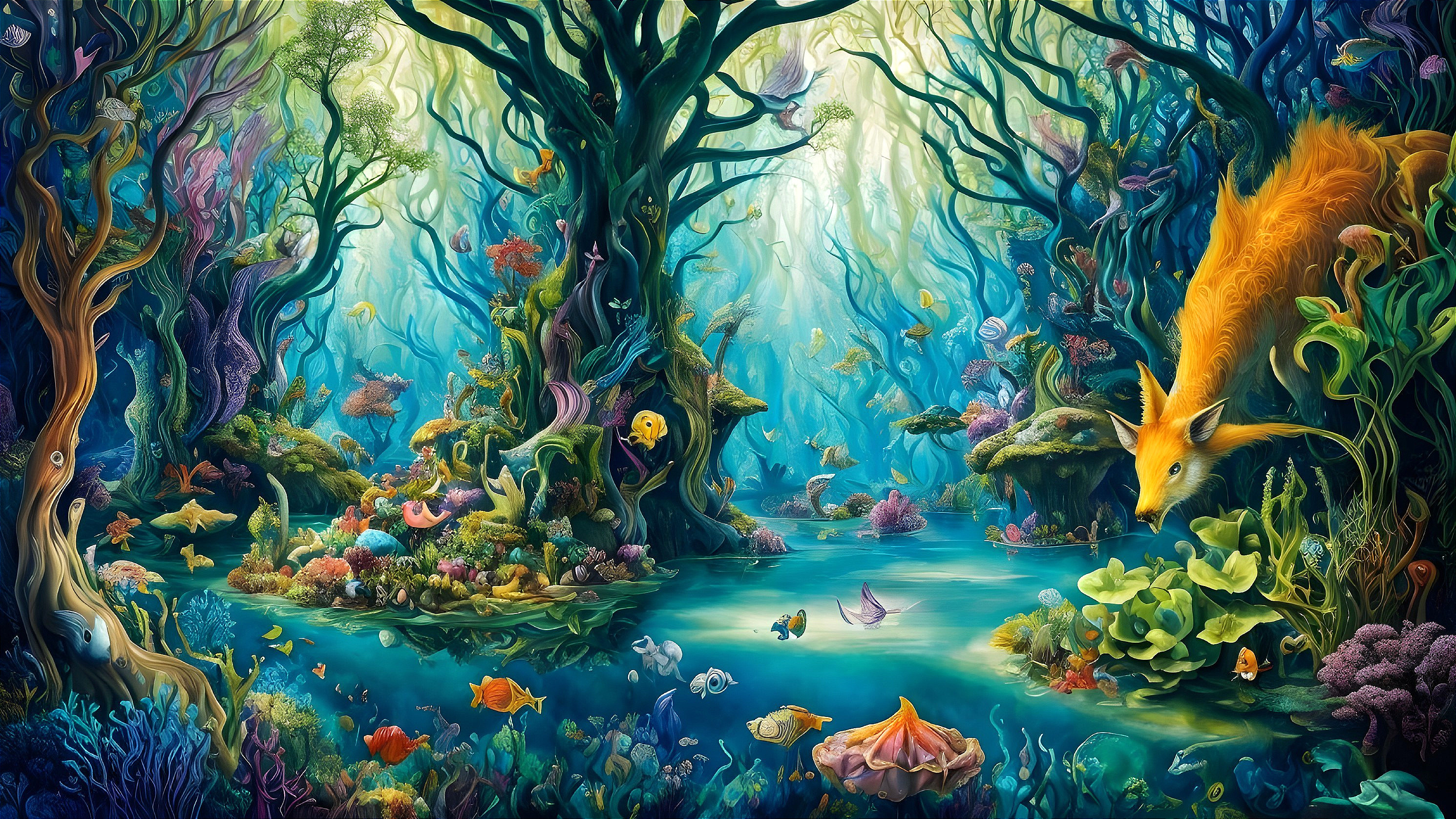 Vibrant Underwater Scene with Coral Reefs and Marine Life