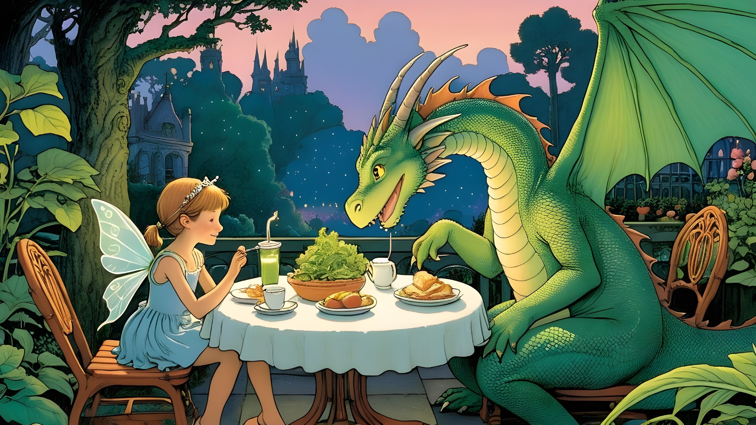 Fairy and Dragon Dining Under Twilight Sky