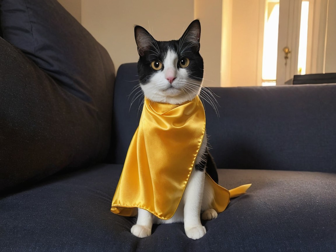 Tuxedo Cat in Yellow Cape on Dark Gray Couch