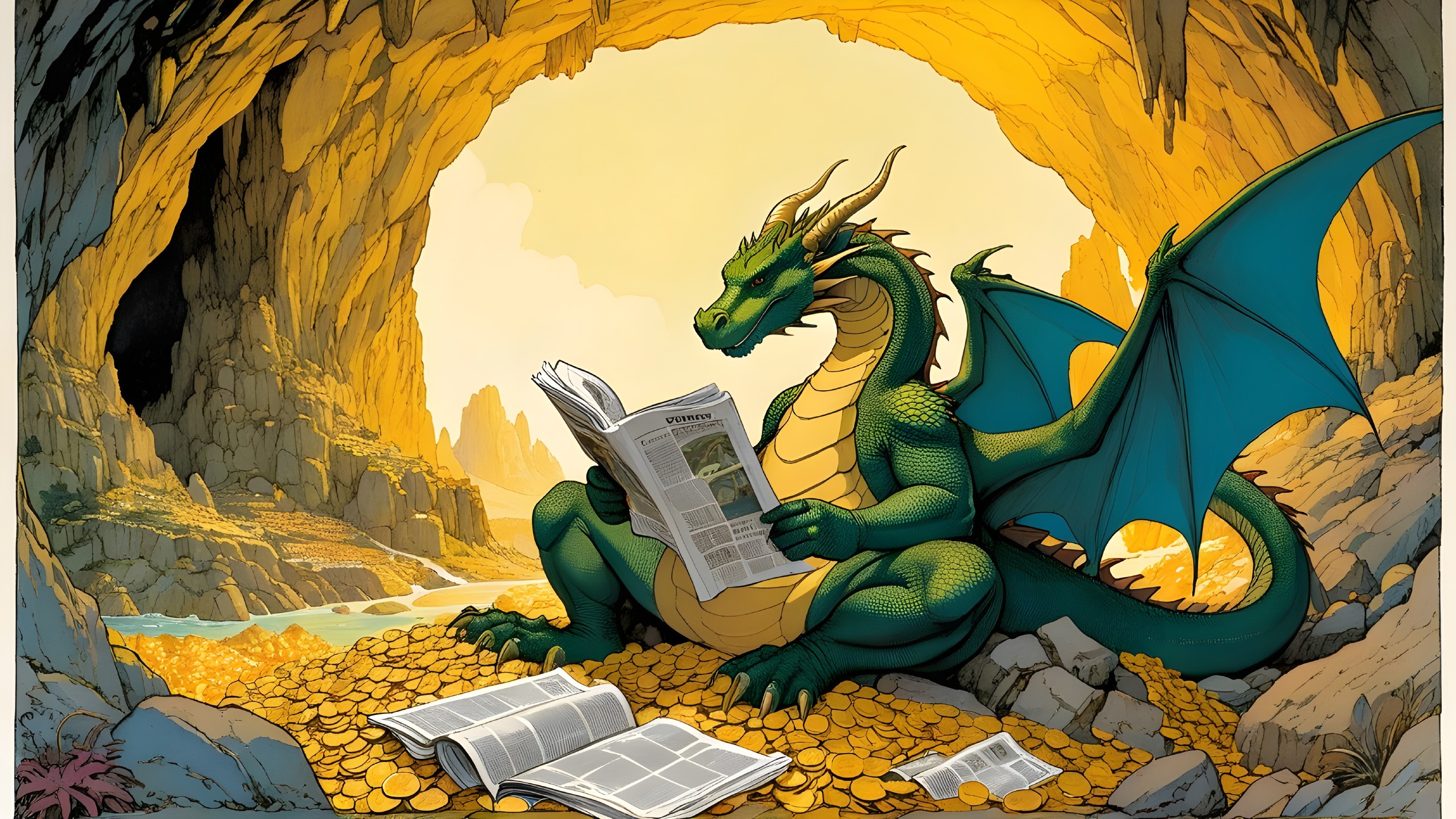 Green Dragon Reading in a Cavern of Gold Coins