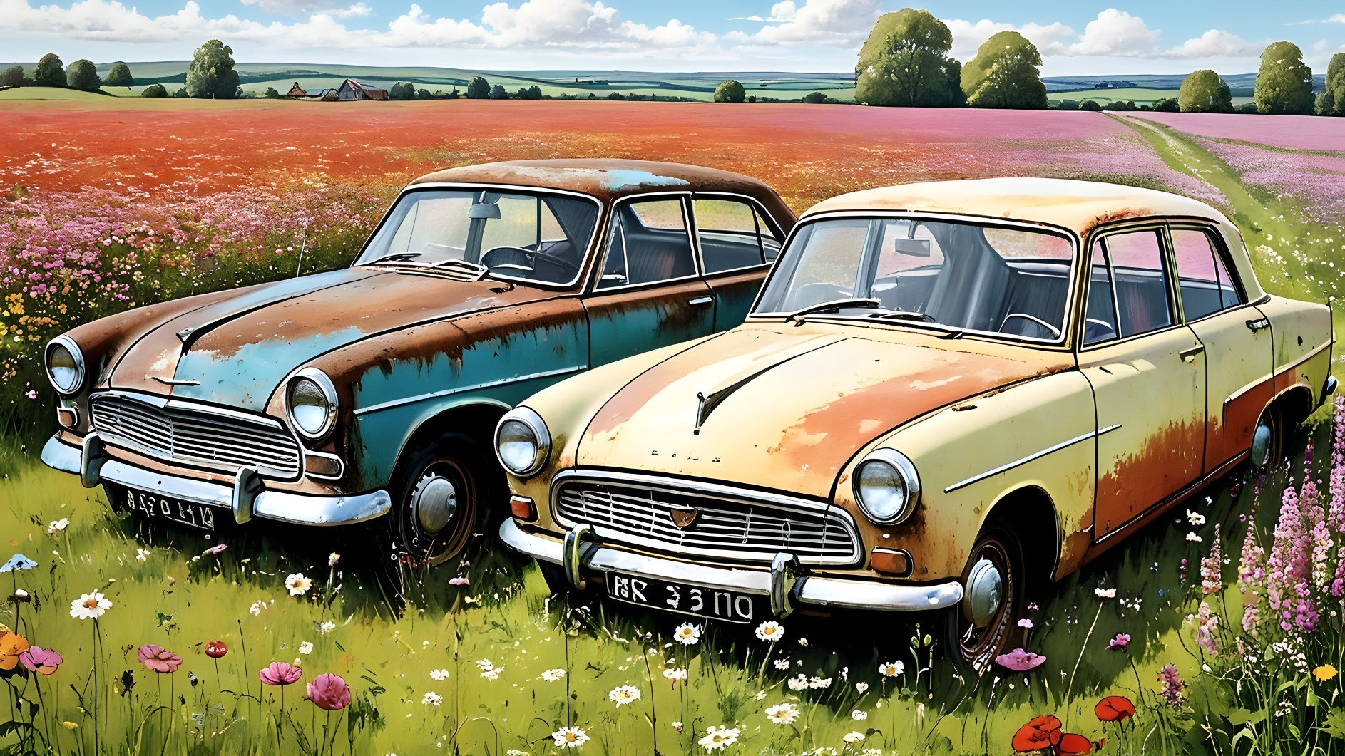 Vintage Cars in a Flower-Filled Meadow Setting