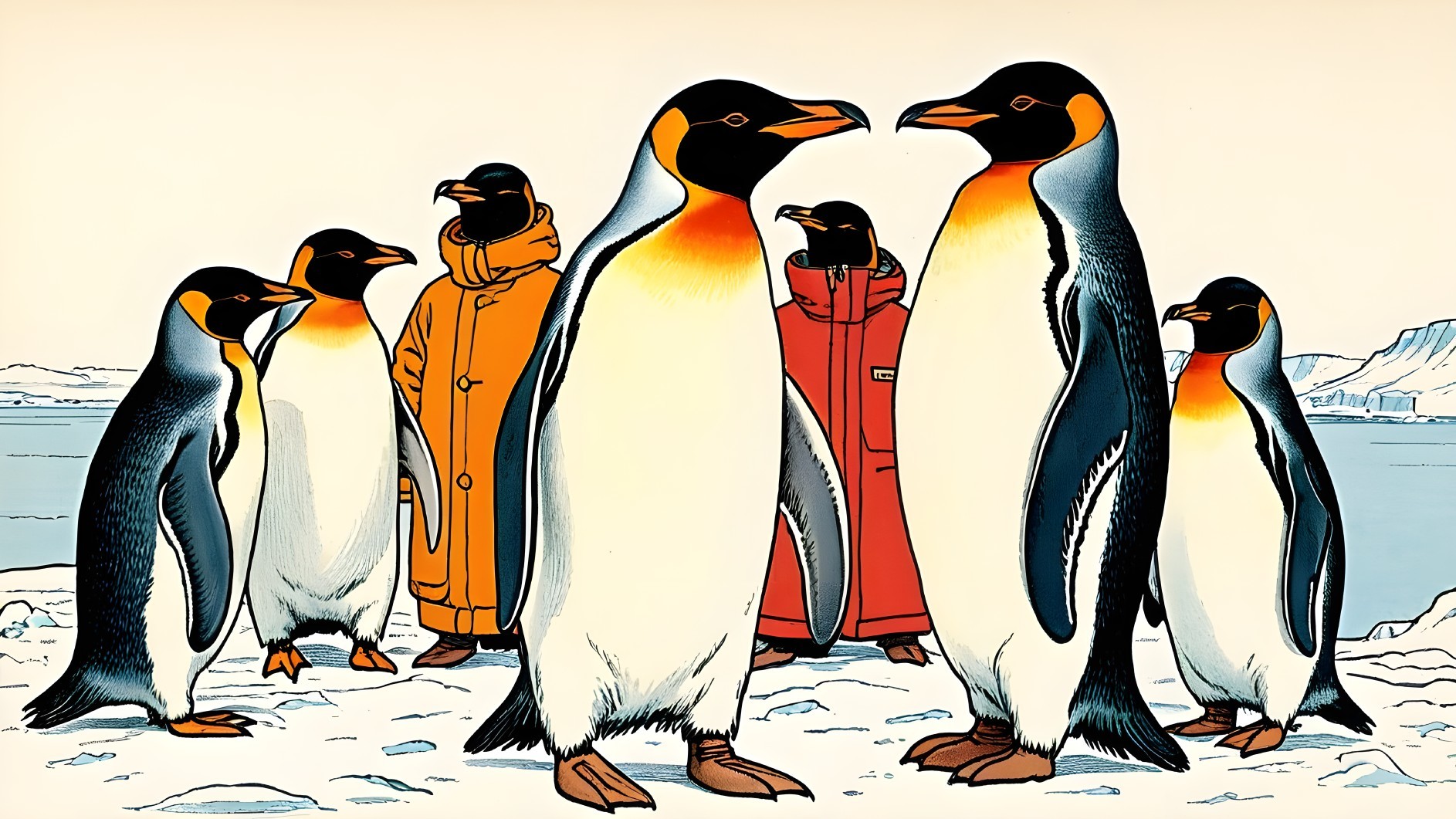 Whimsical Emperor Penguins in a Snowy Antarctic Scene