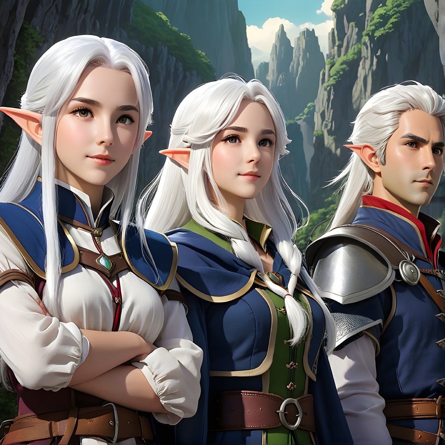 Fantasy Characters in Lush Mountainous Landscape