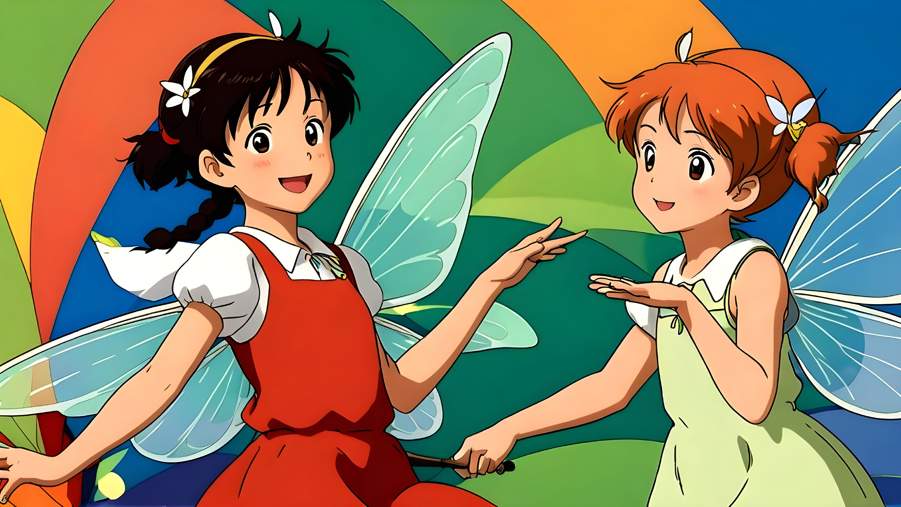 Young girls with fairy wings in a colorful background