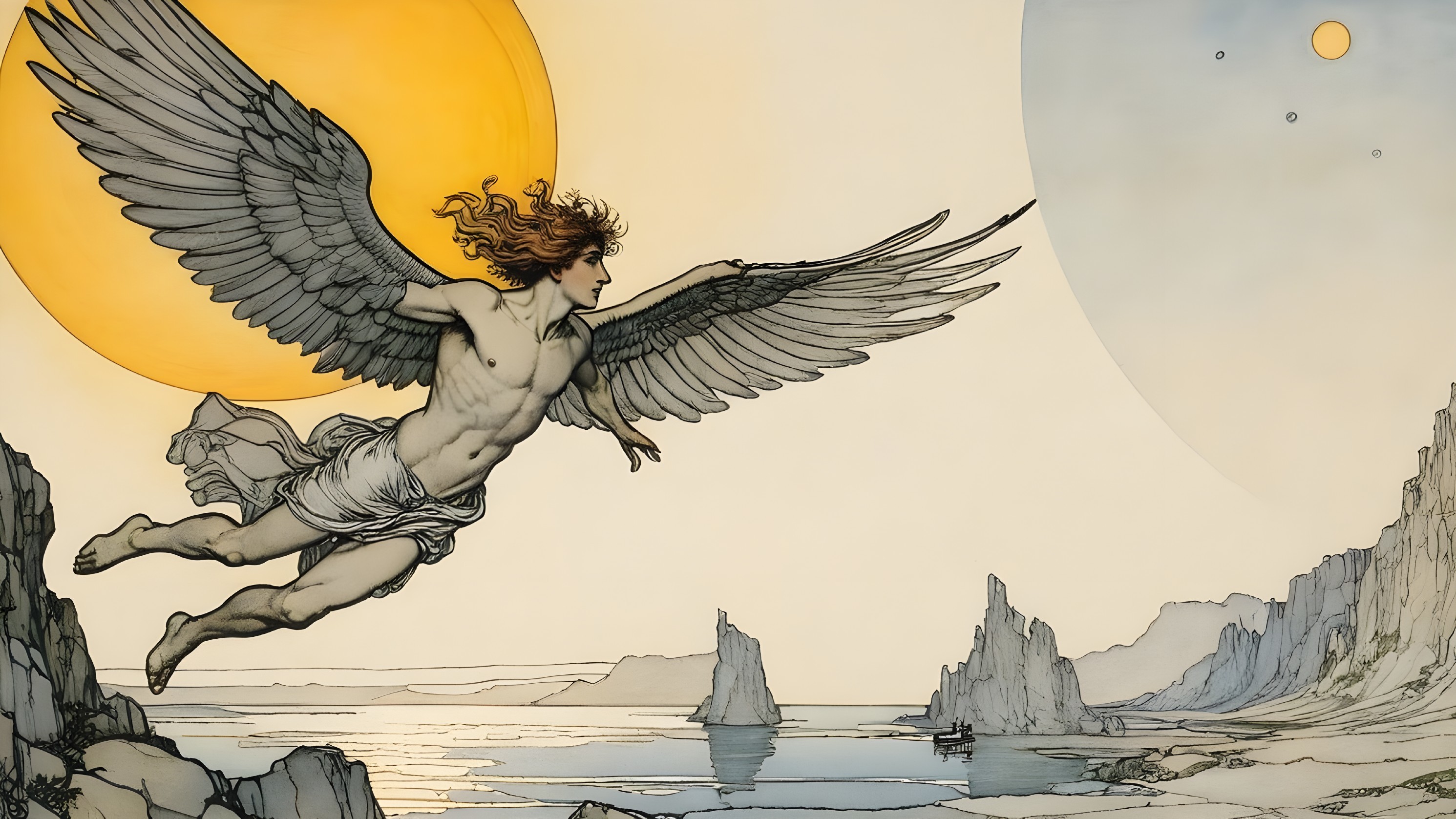 Winged Figure Soaring in Ethereal Sky Landscape