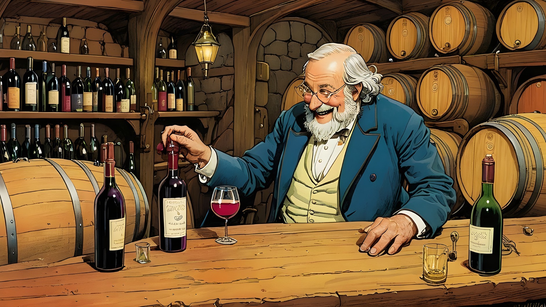 Older Man Enjoying Wine in Rustic Cellar Setting