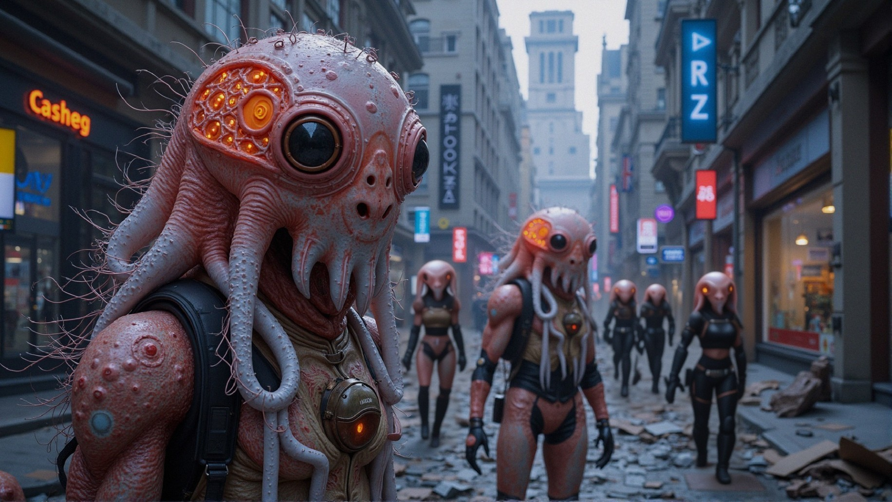 Alien Creatures in Cyberpunk Street Scene