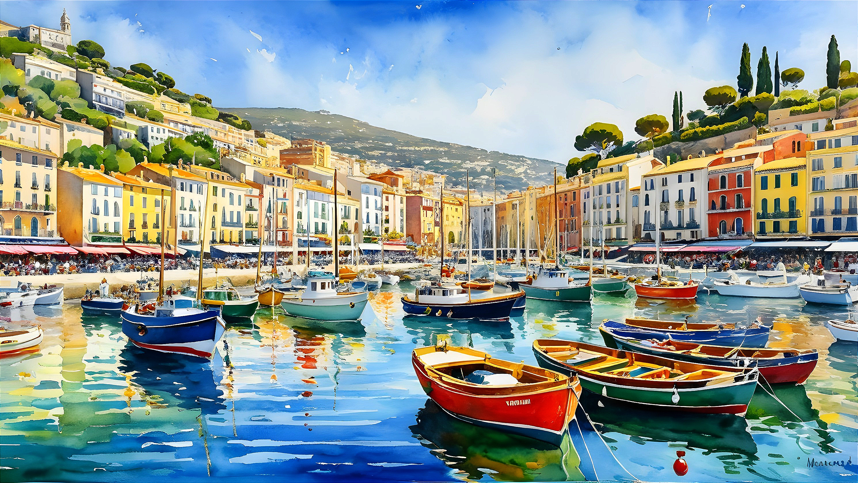 Vibrant Coastal Harbor with Colorful Boats and Hills