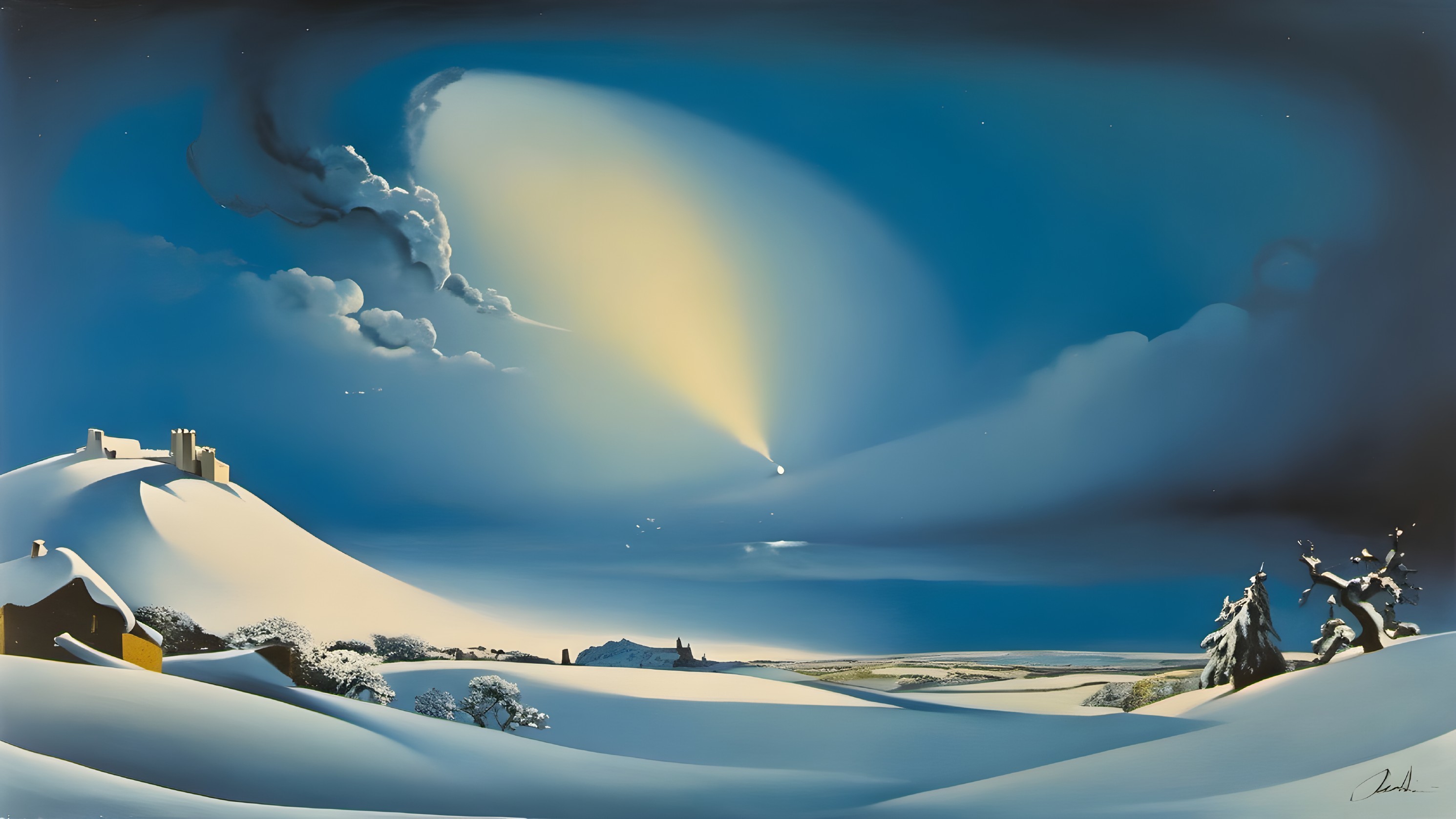 Winter Landscape with Snowy Hills and Comet