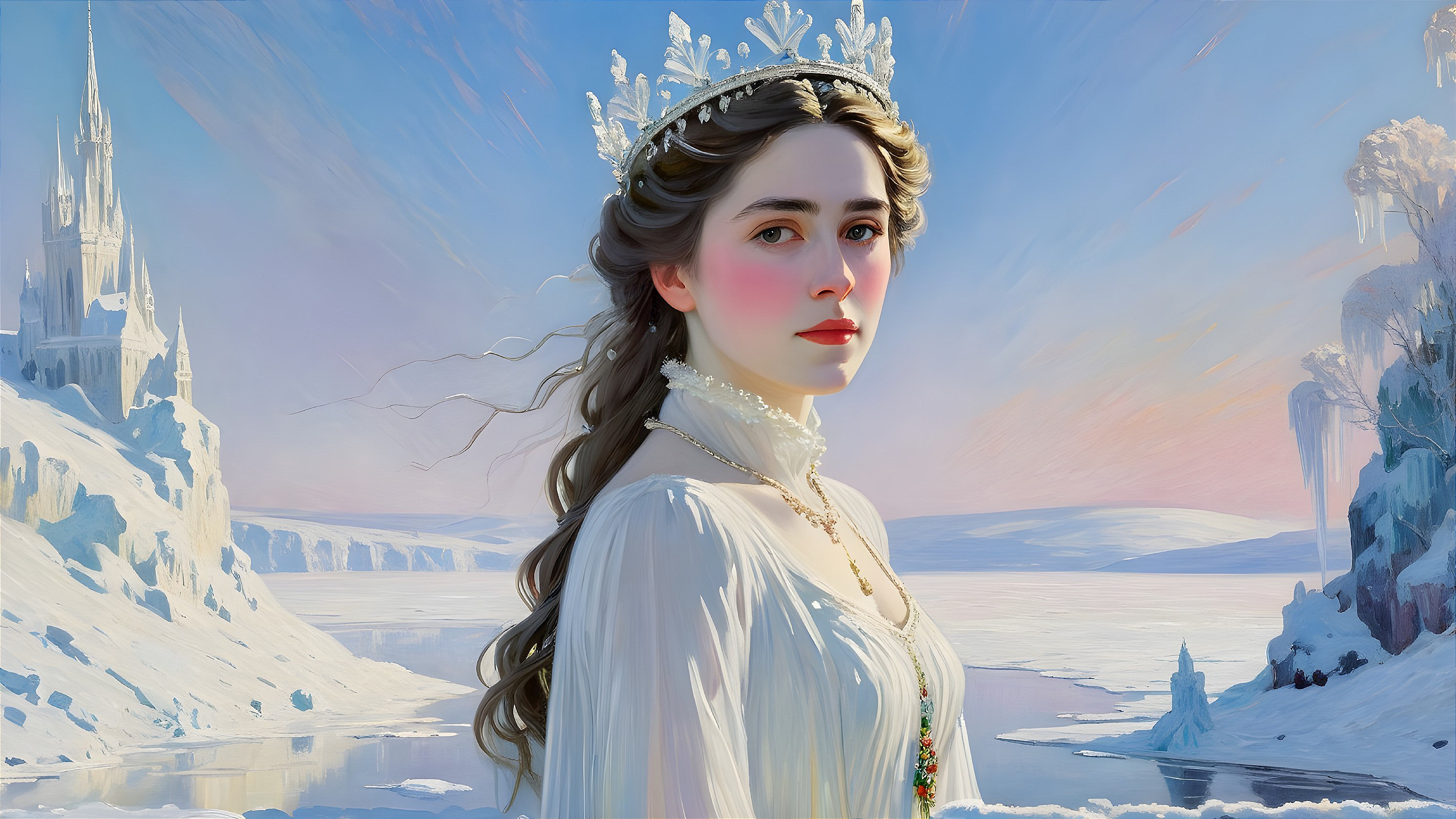 Ethereal Figure in Wintry Landscape with Ice Crystals