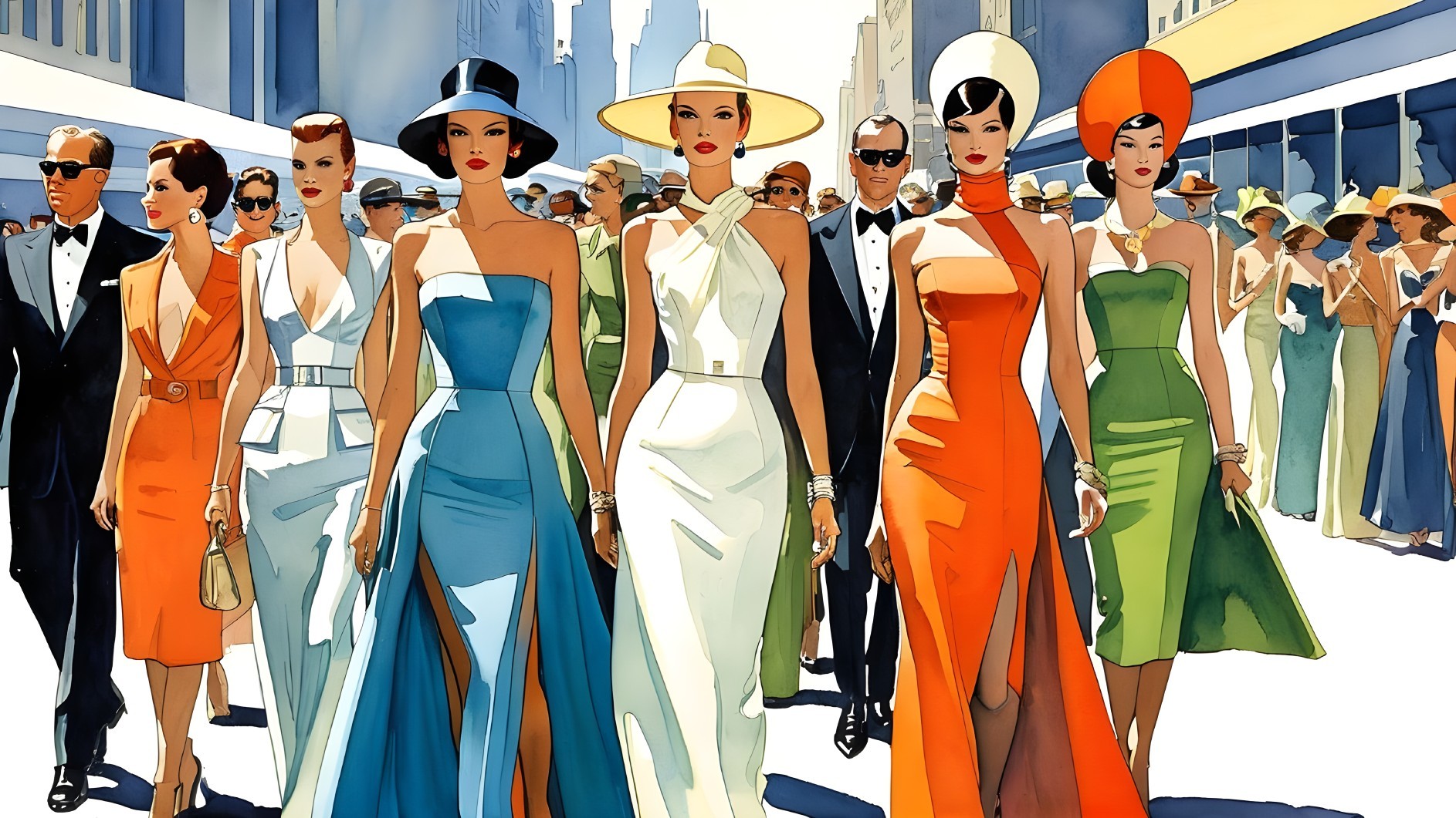Fashion Models Parade in Vibrant City Street Scene