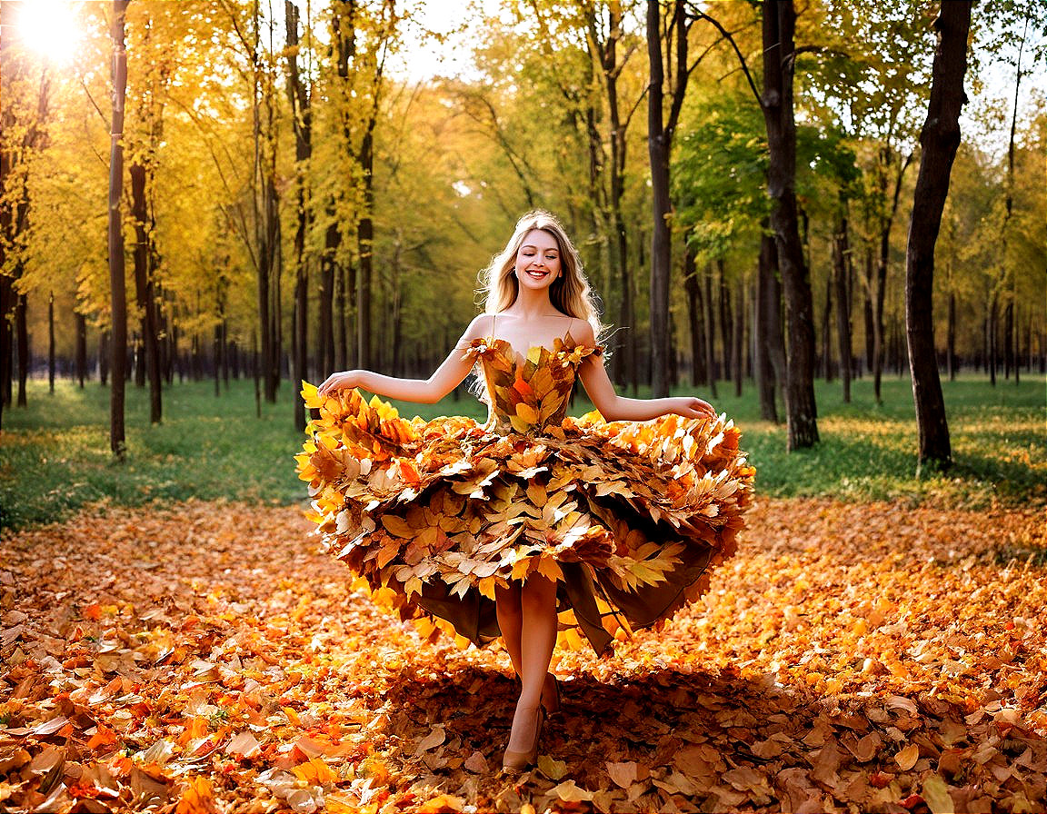 Young Woman in Autumn Leaves Dress in Forest Setting