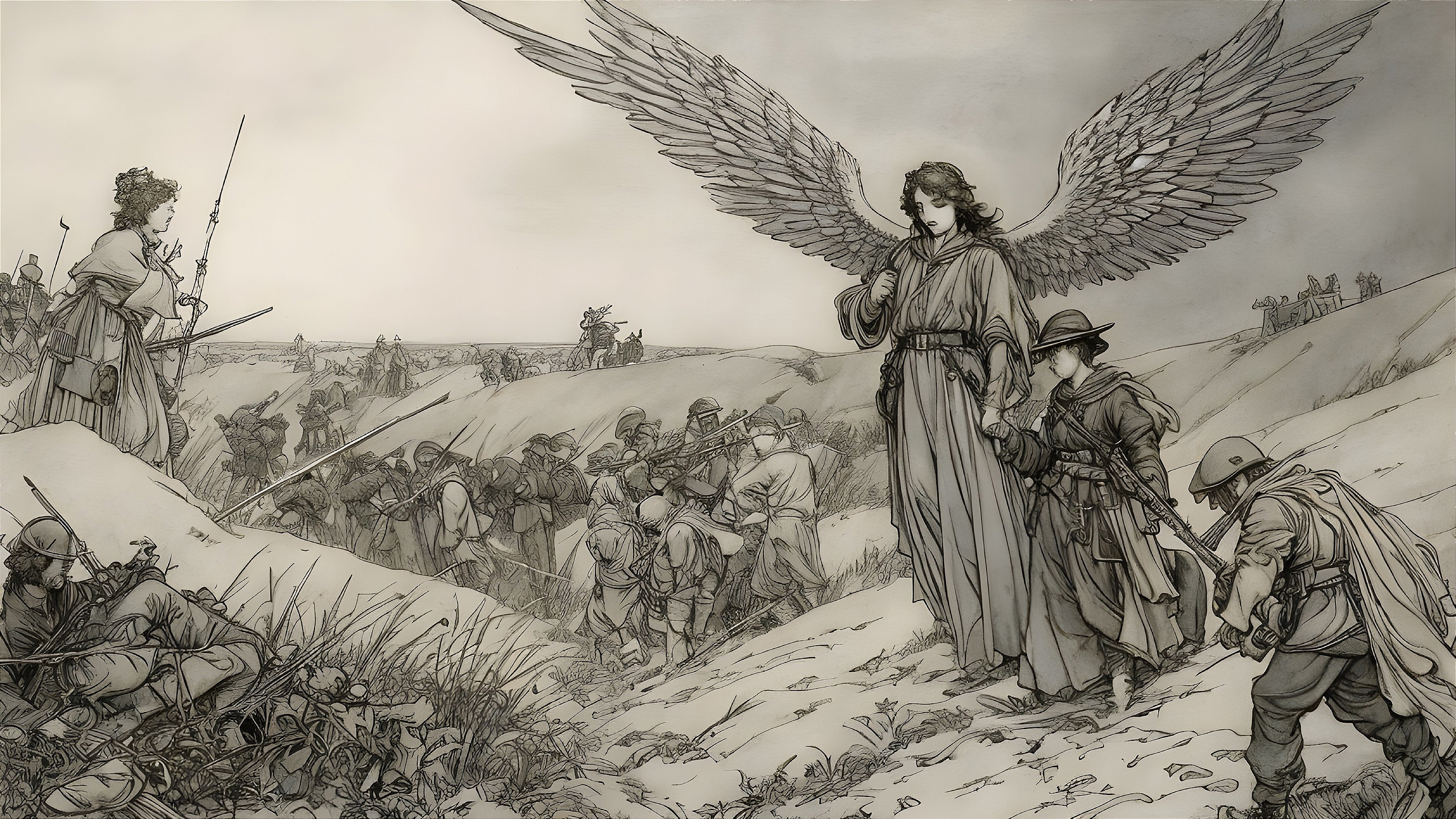 Battlefield Scene with Angel and Soldier in Contrast