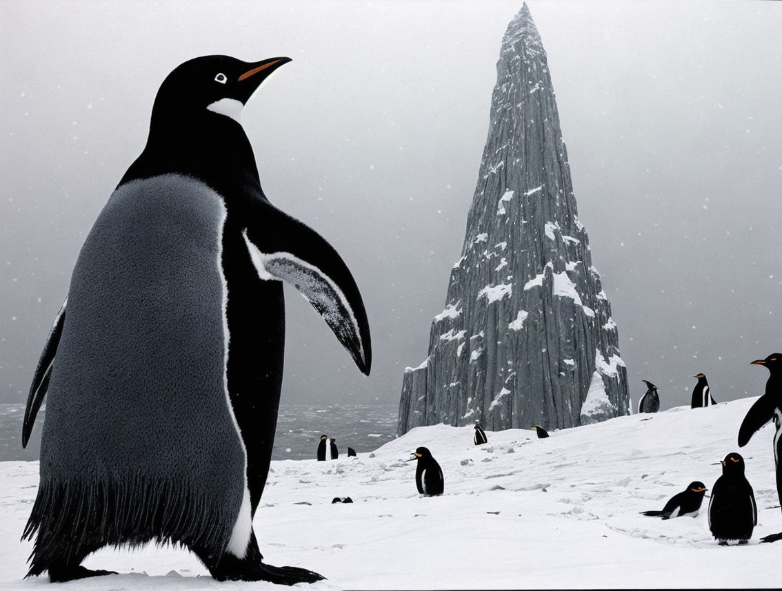 Penguins in a snowy landscape with rock formation backdrop