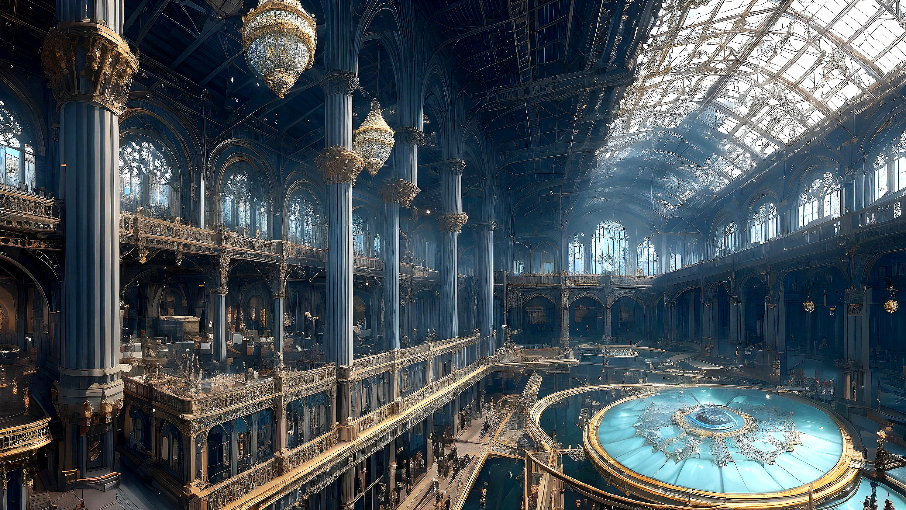 Grand Hall with Columns and Glass Ceiling Details