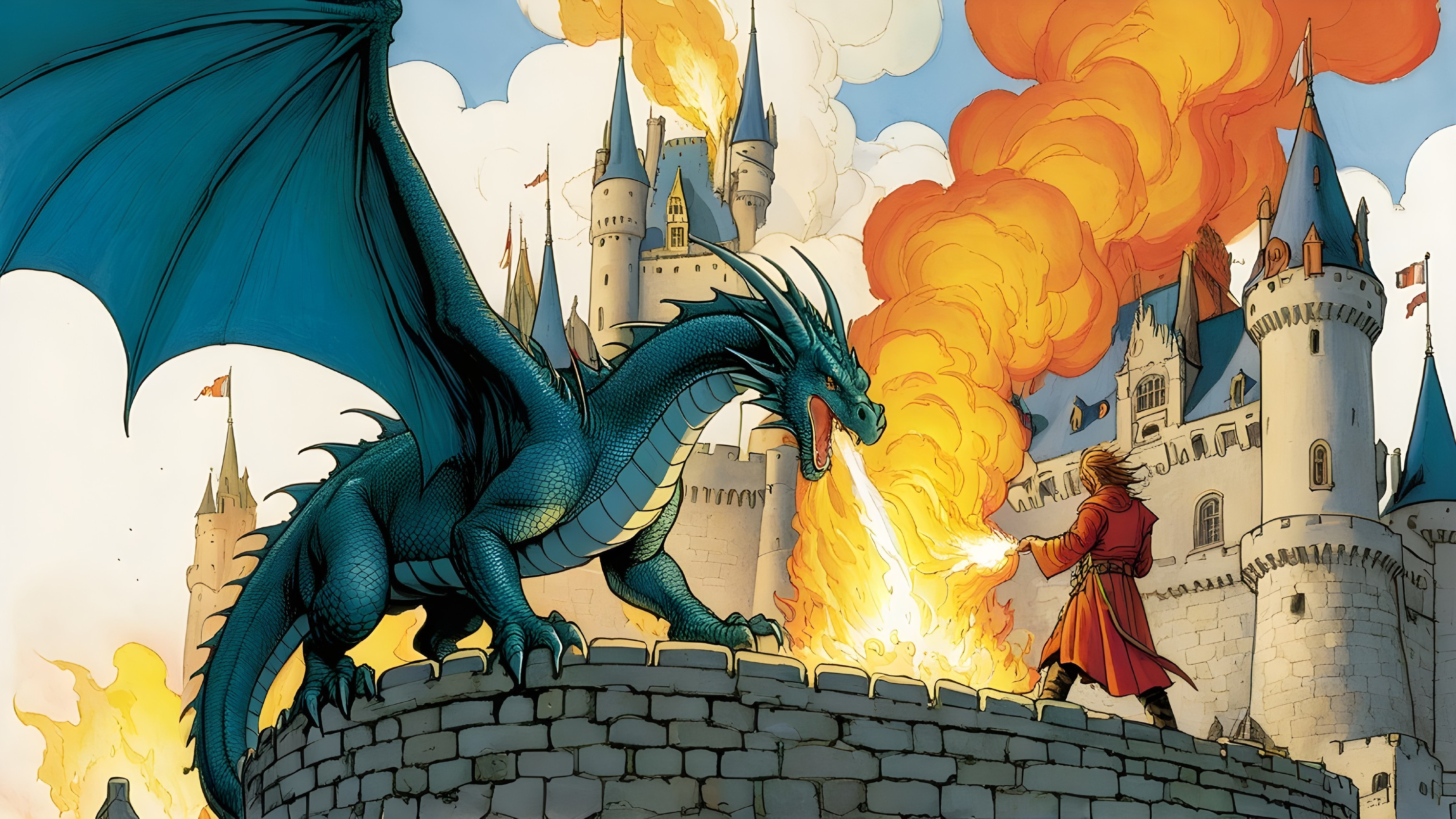 Blue Dragon Breathing Fire Over Castle Battlement Scene