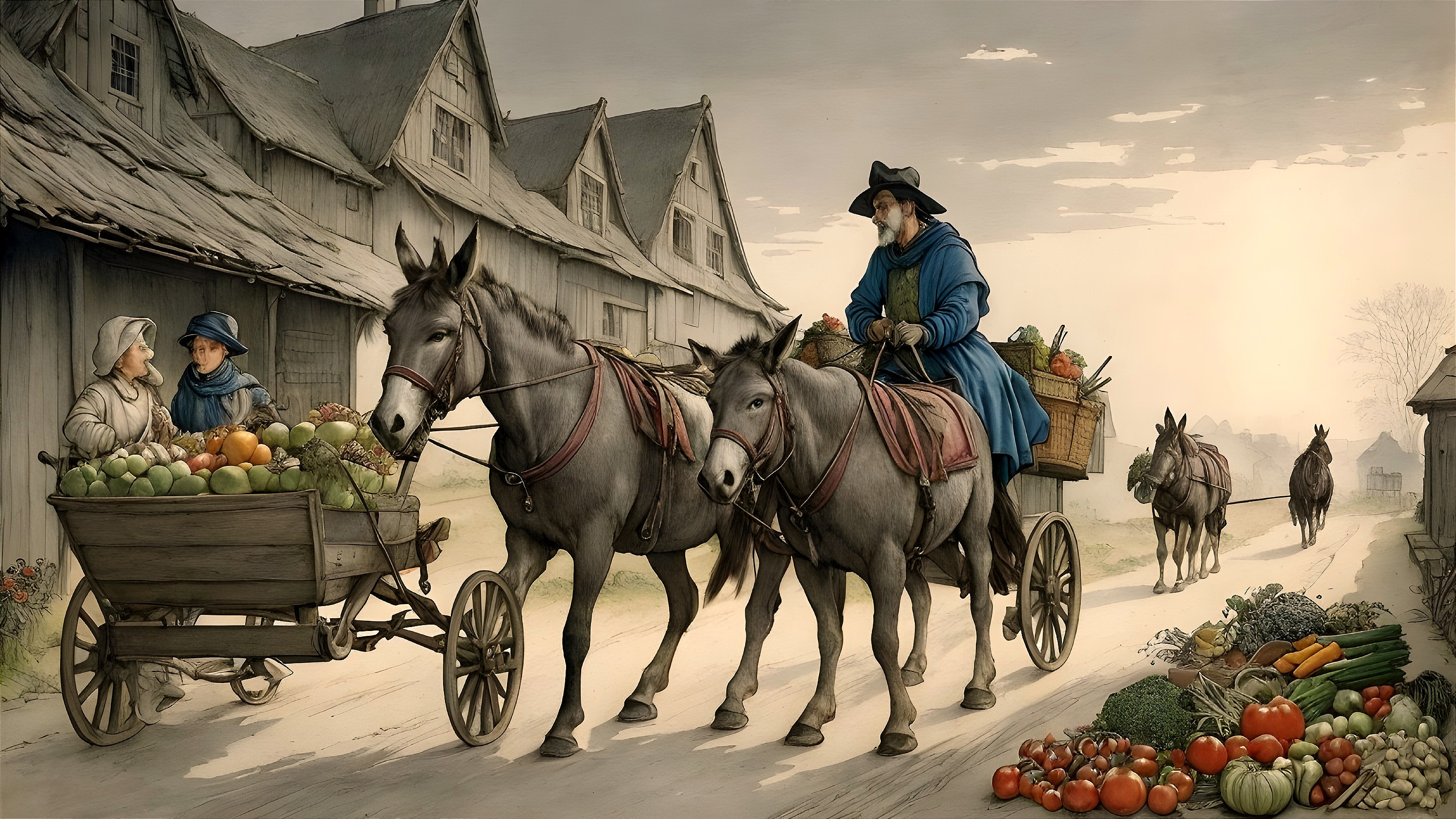 Village Scene with Donkeys and Fresh Produce