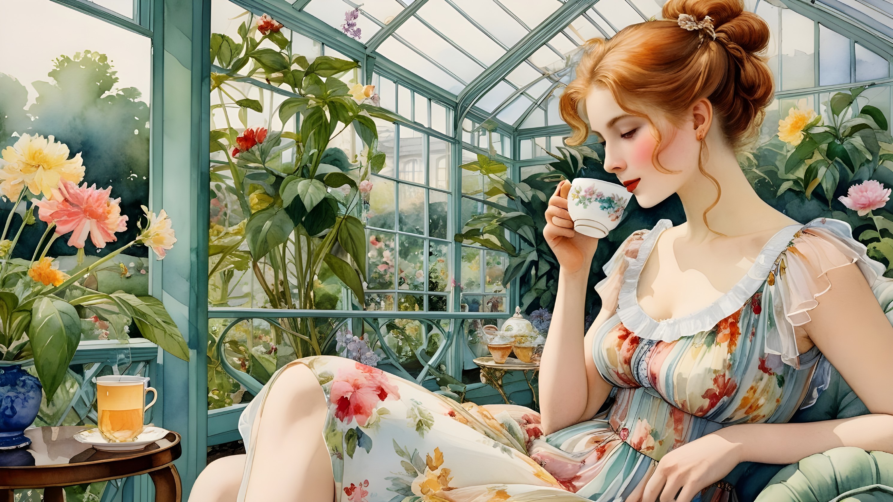 Young Woman in Greenhouse with Blooming Flowers