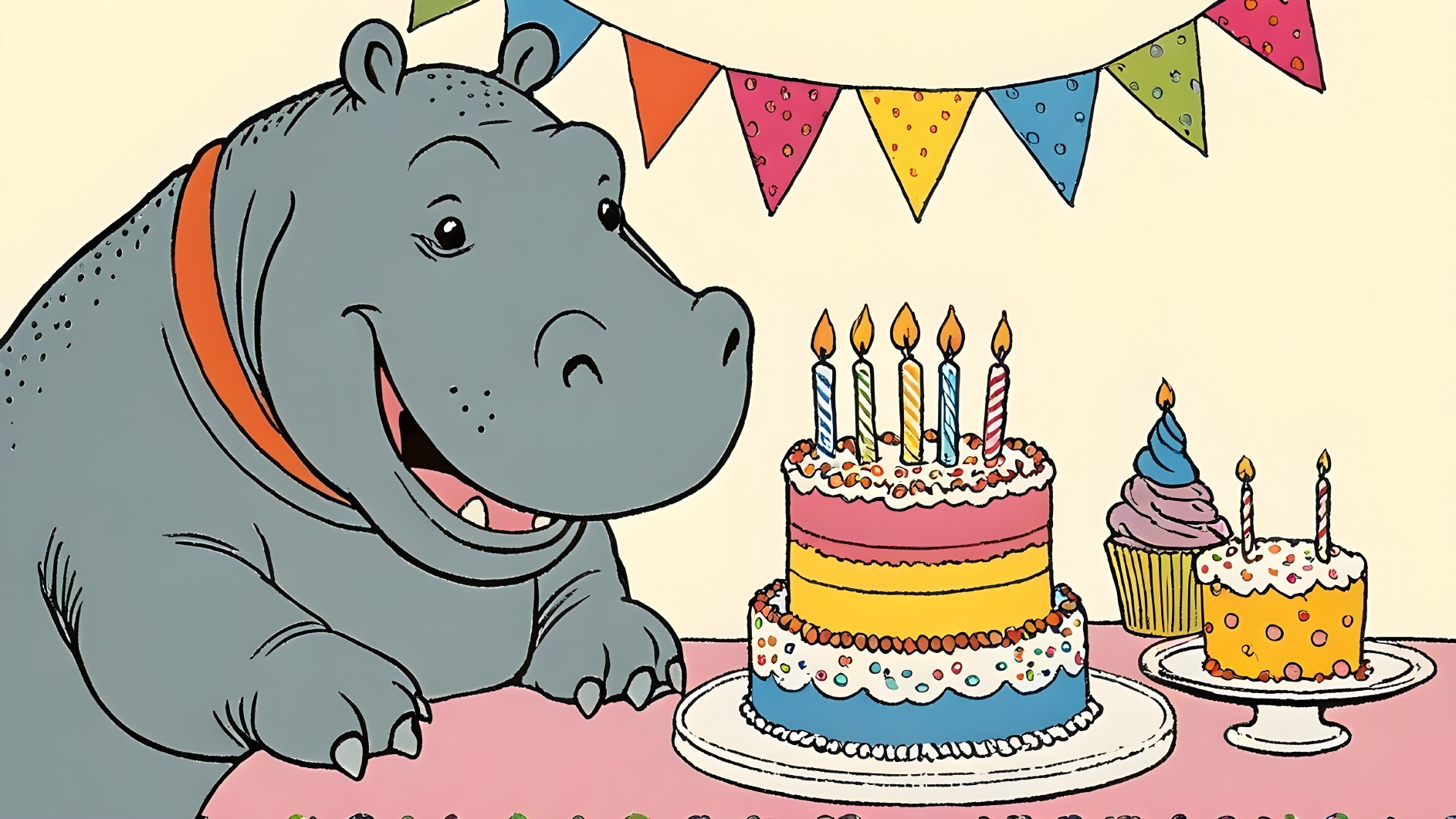 Cheerful gray hippo with colorful birthday cake scene