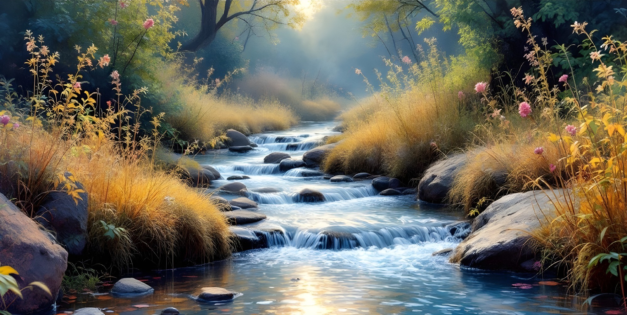 Serene Landscape with Stream and Lush Greenery