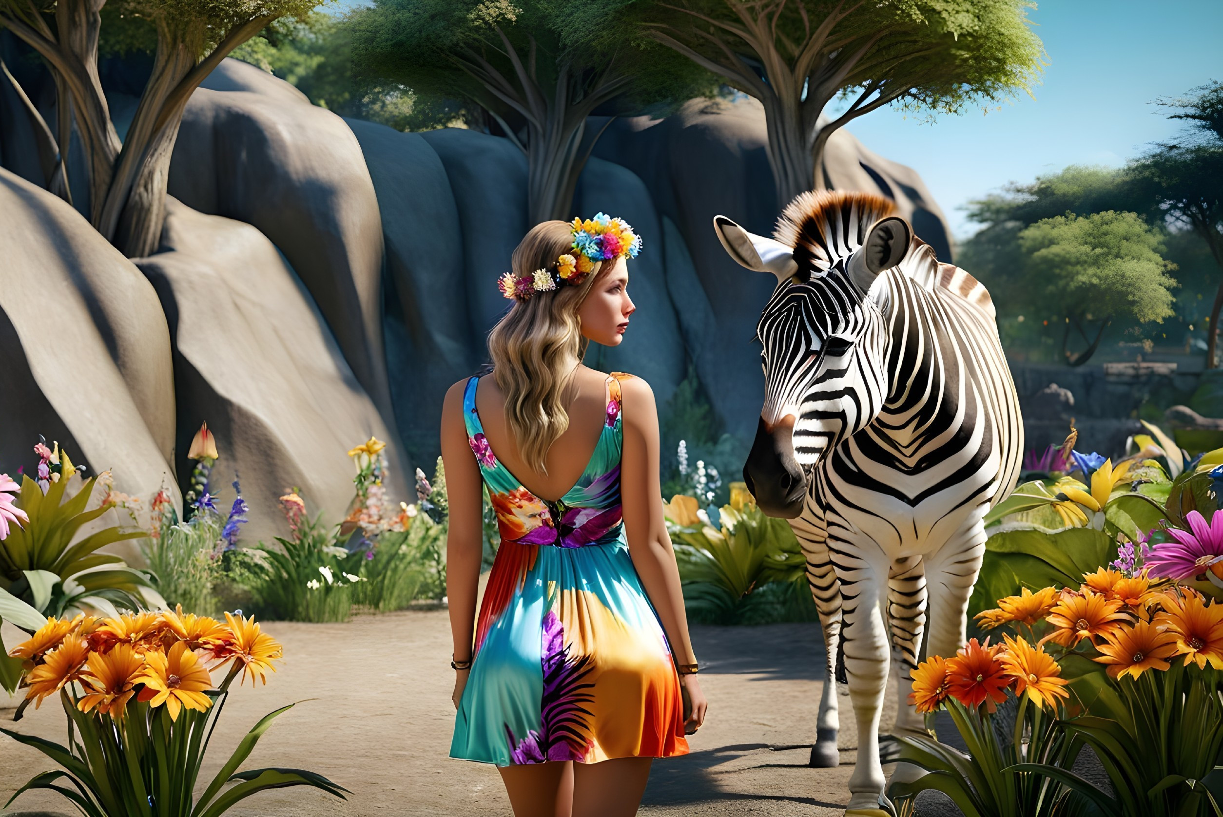 Woman in Floral Dress Surrounded by Nature and Wildlife