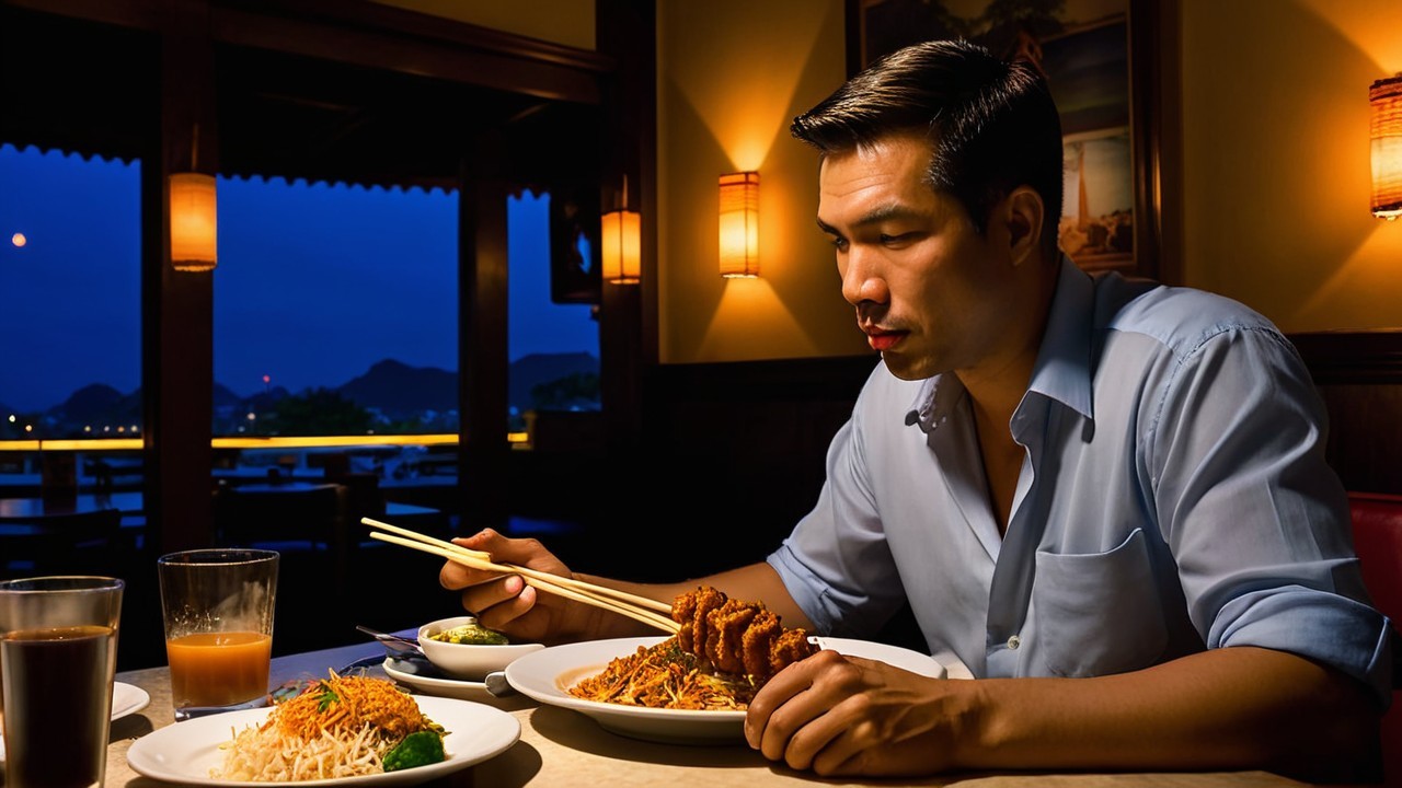 Man Enjoying Meal at Dimly Lit Restaurant Table