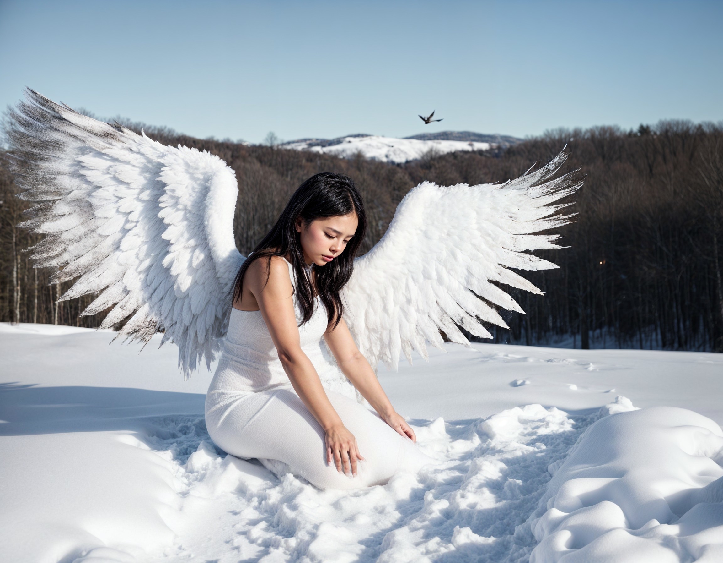 Young Woman with Wings in Serene Winter Landscape