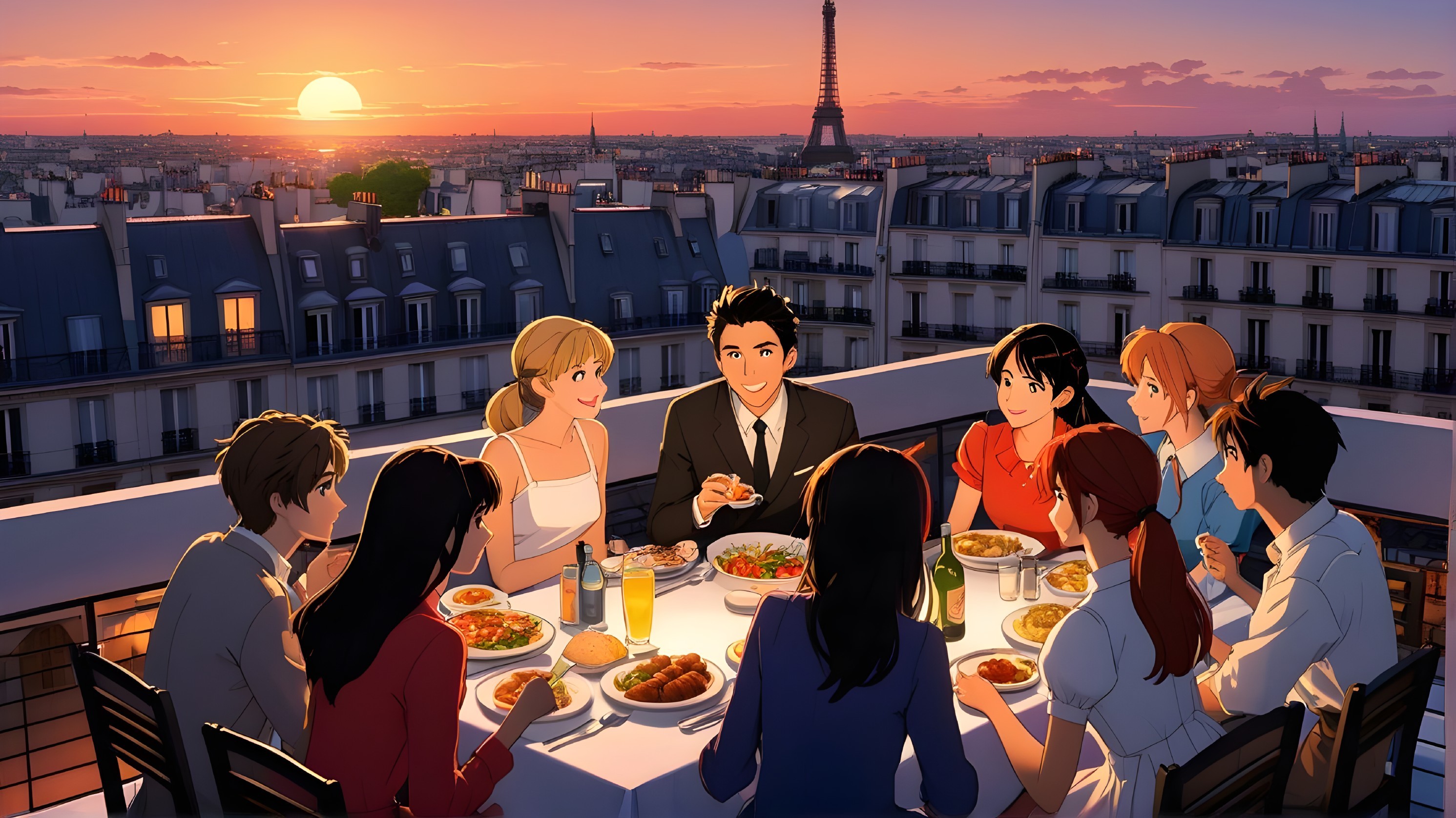Rooftop Dinner with Friends in Paris at Sunset