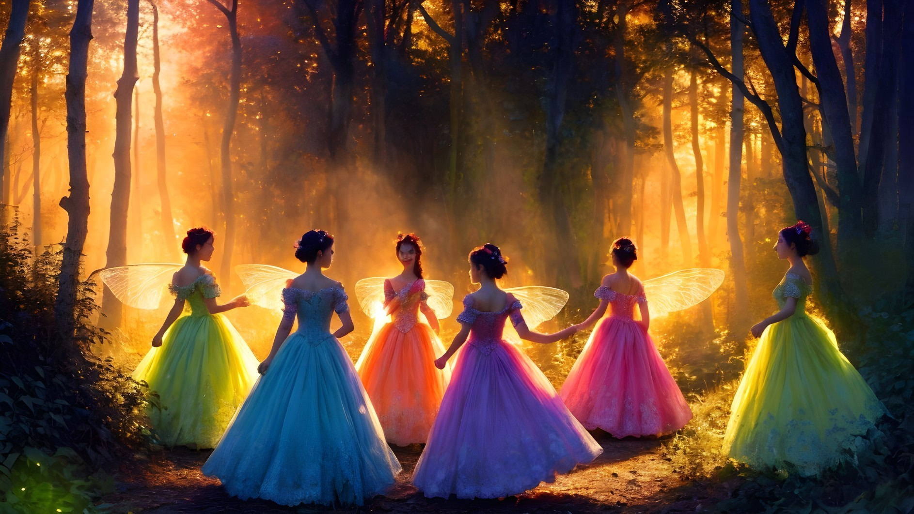 Enchanting Figures in Twilight Forest with Wings