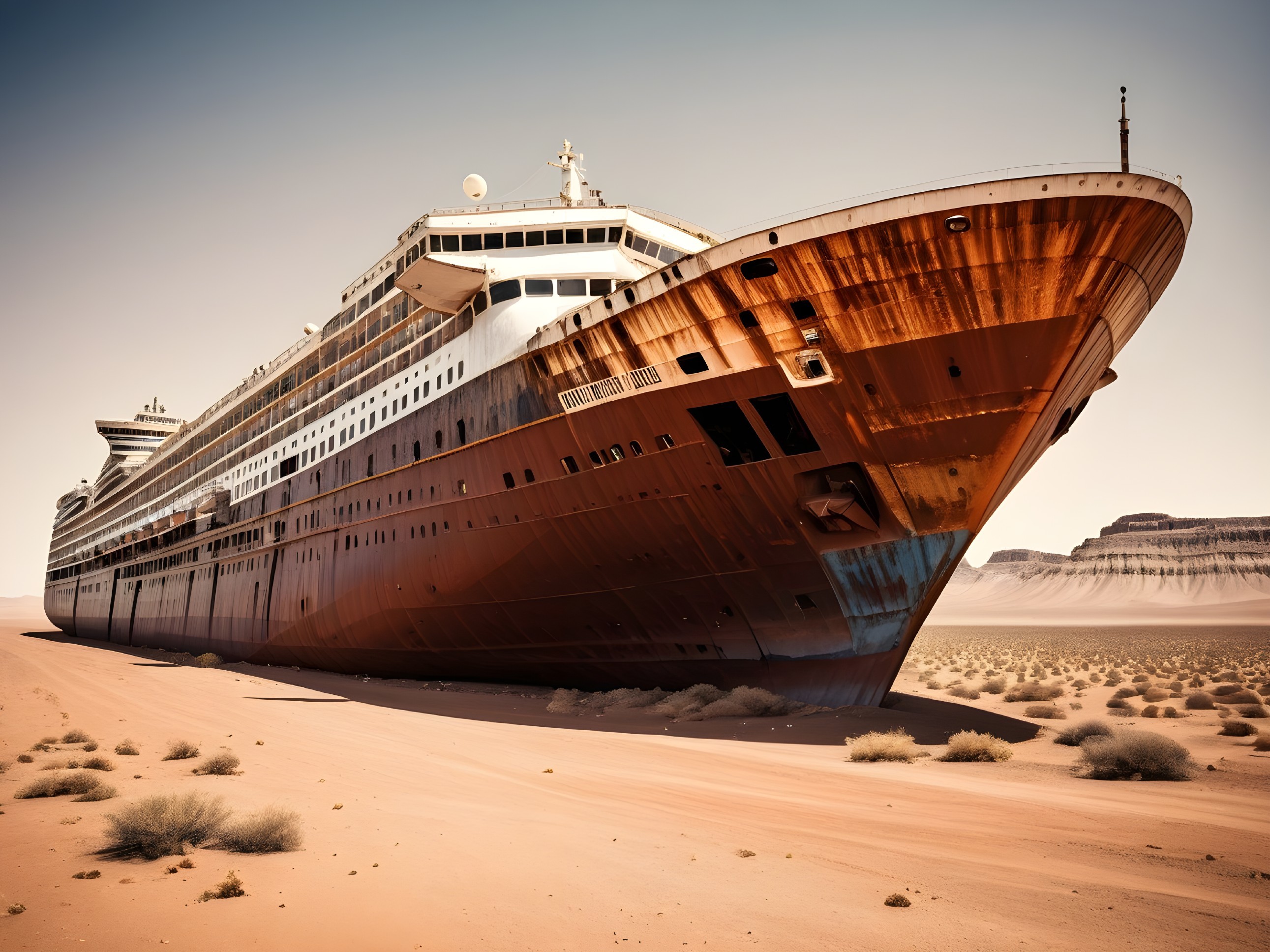 Rusted Cruise Ship in Desert Landscape Under Clear Sky