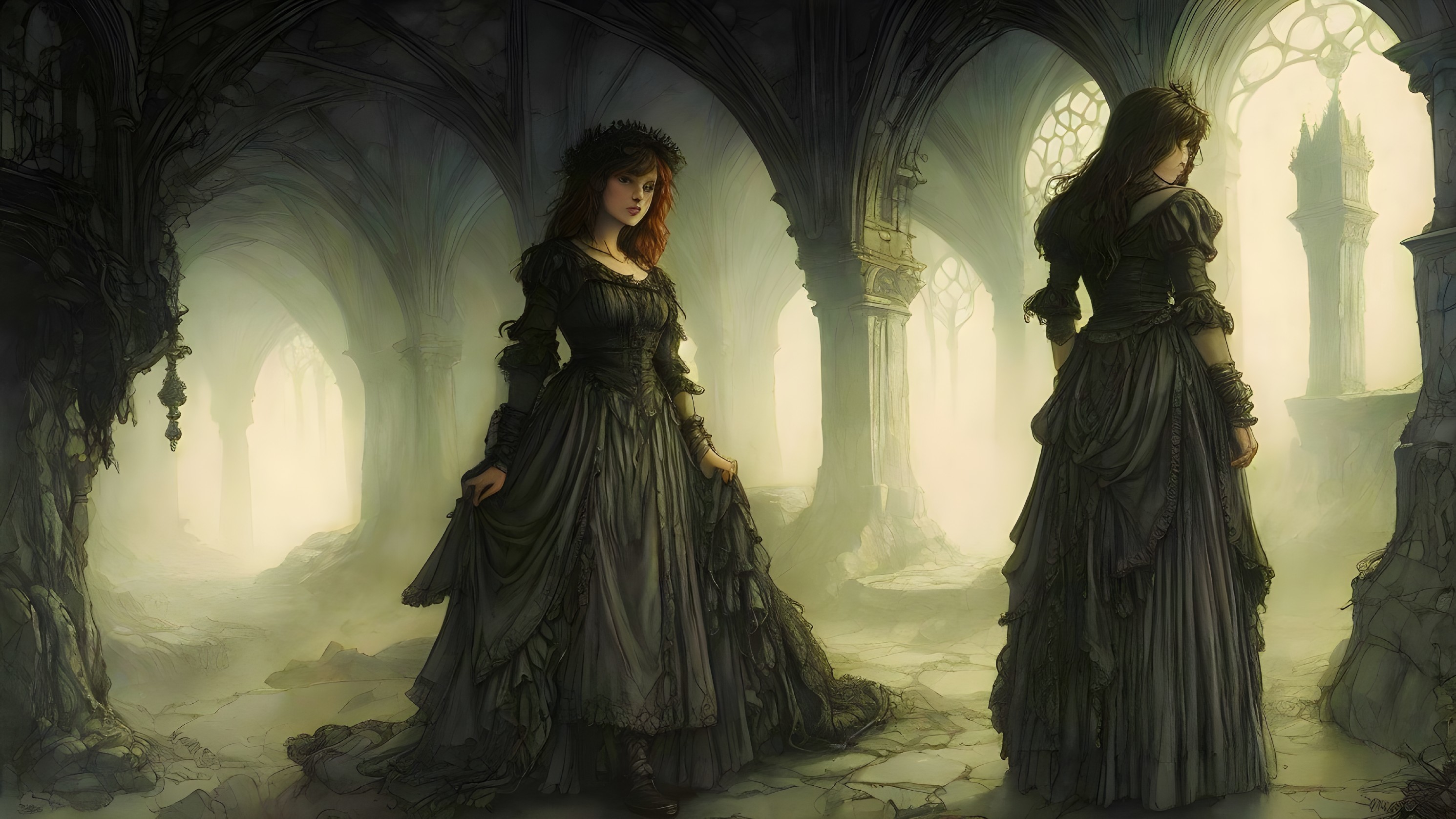 Ethereal Figures in Gothic Setting with Misty Atmosphere