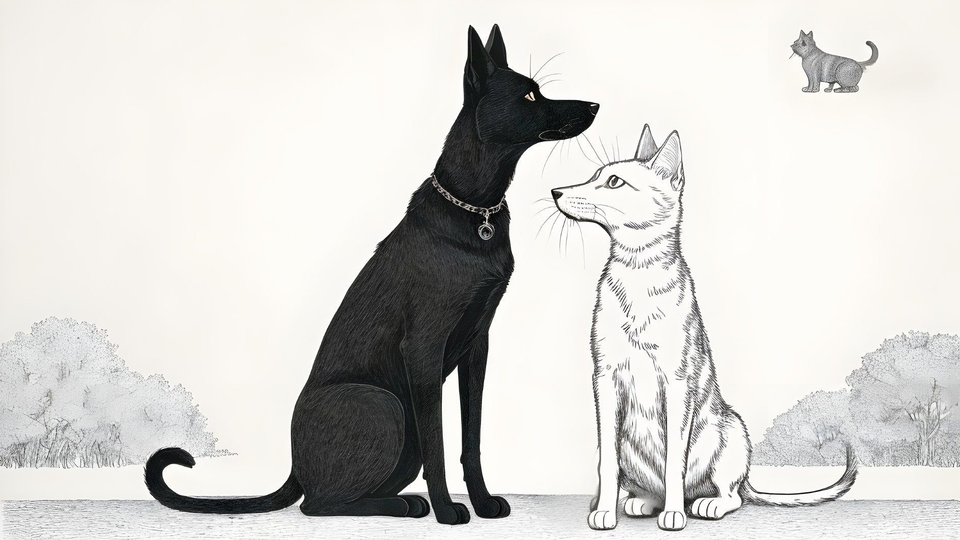 Black Dog and White Cat Sitting Side by Side