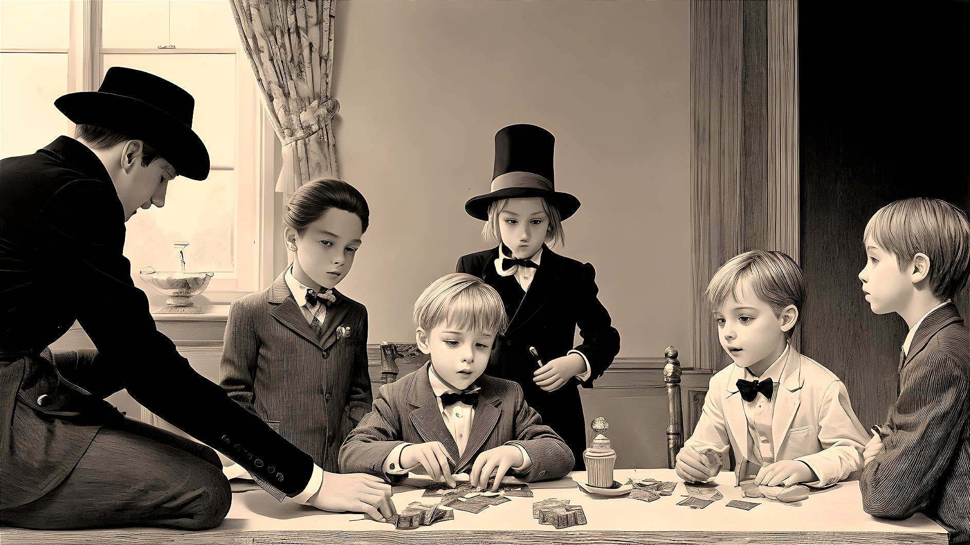 Children Playing Cards in Vintage Room Setting