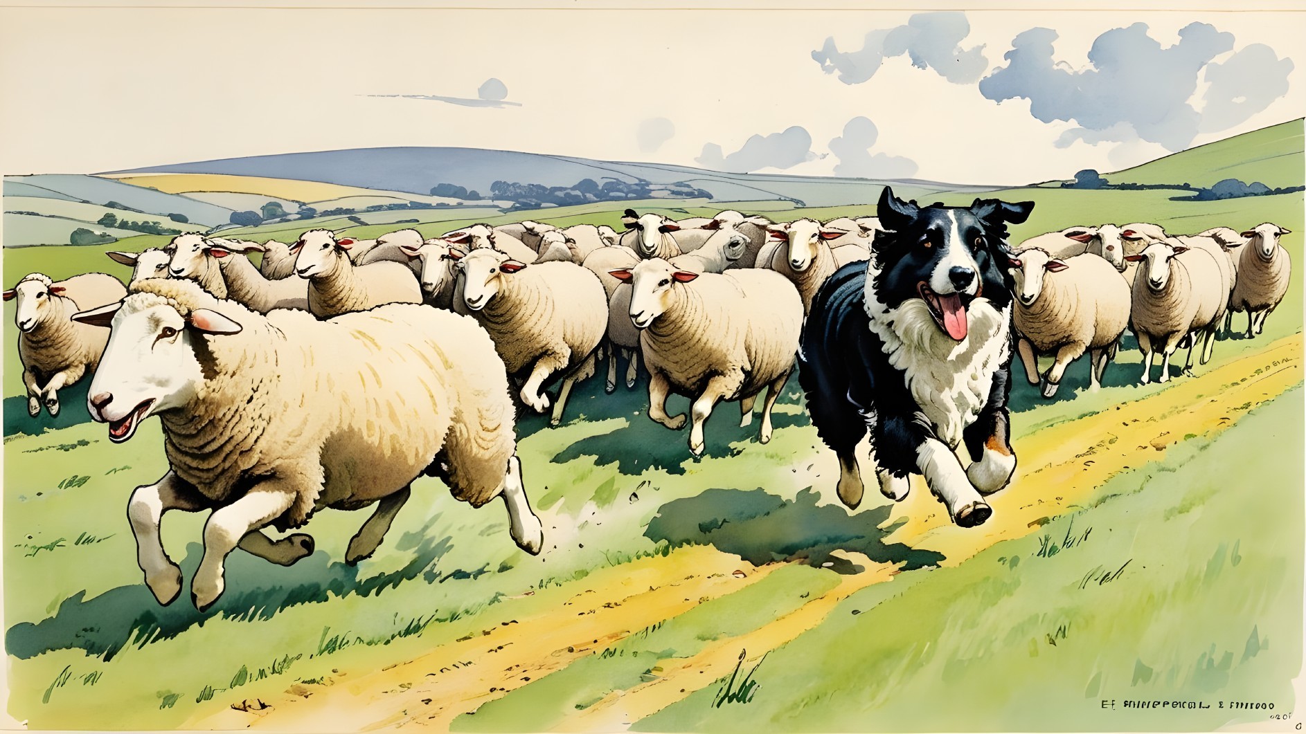 Border collie herding sheep in vibrant countryside