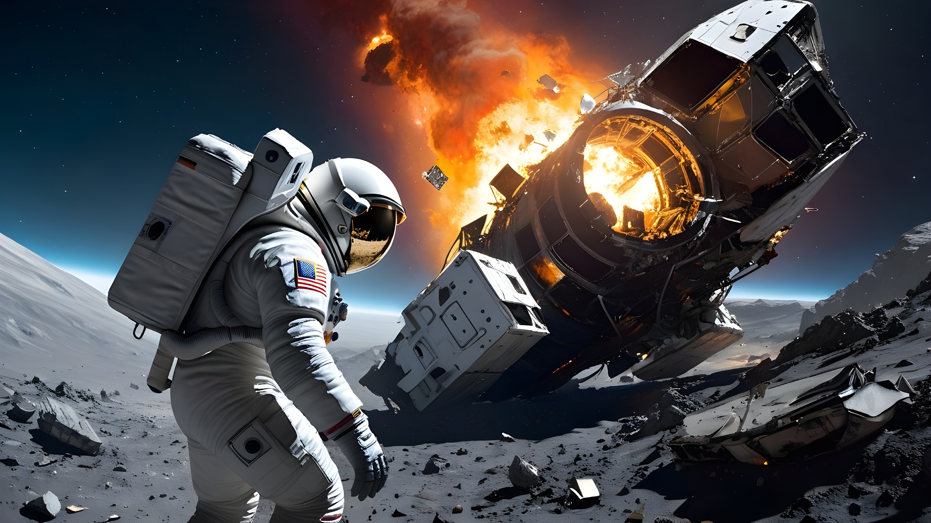 Astronaut on Lunar Surface Amidst Fiery Spacecraft Explosion