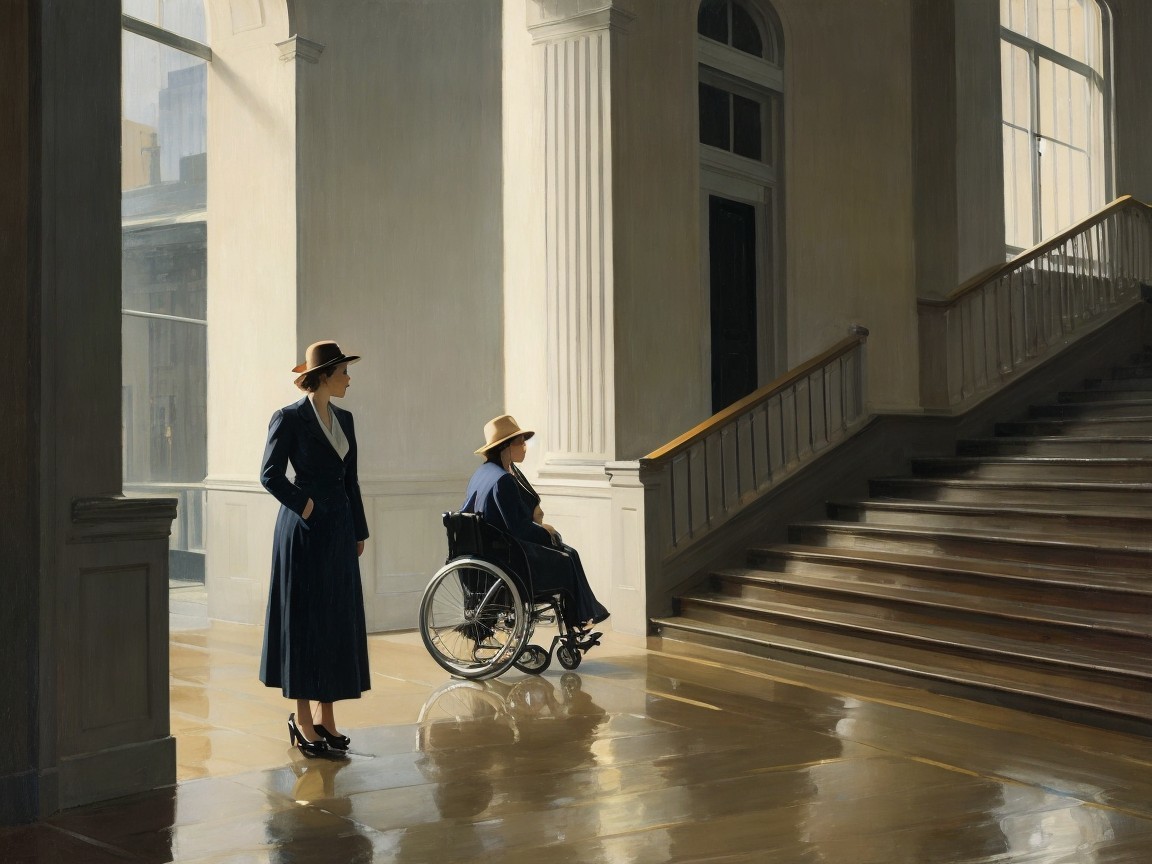 Elegant Woman and Seated Figure in Sunlit Hall