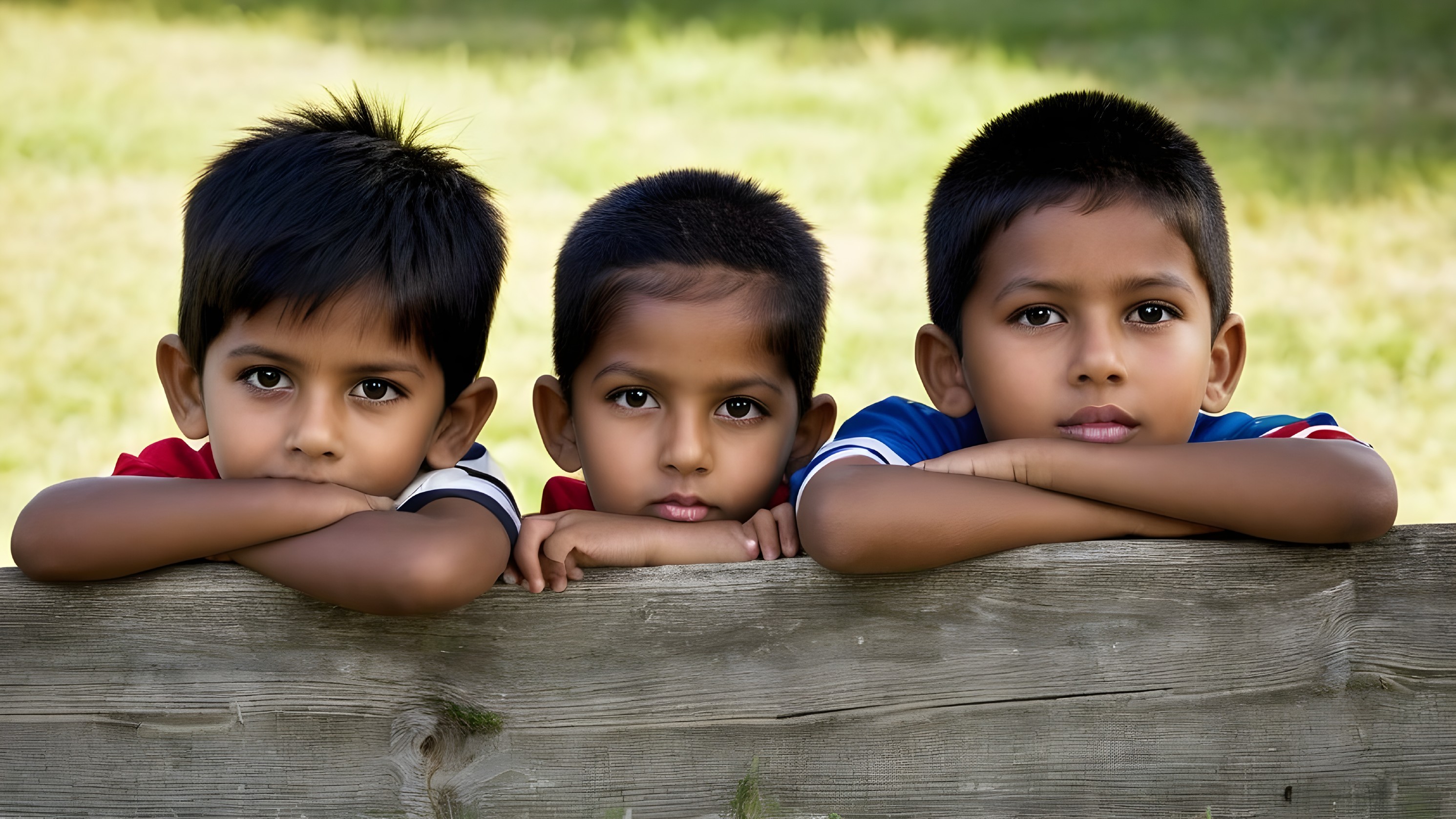 Boys Leaning on Fence in Colorful T-Shirts