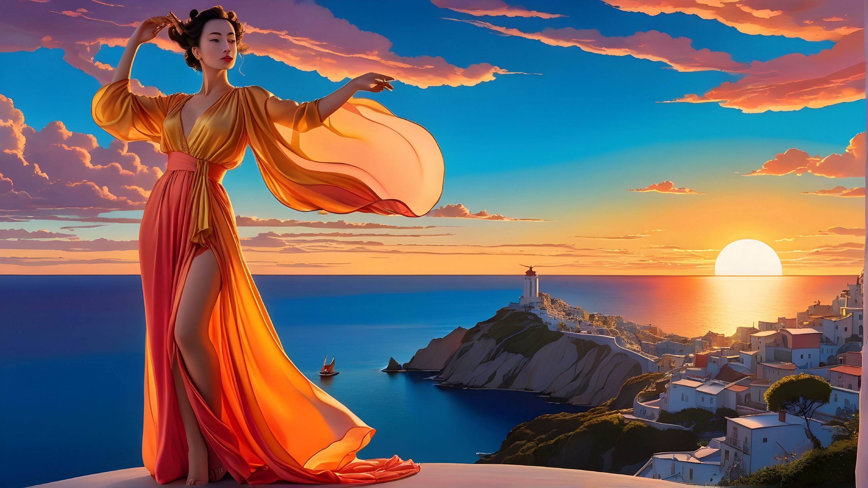 Woman in flowing garments on cliff at sunset