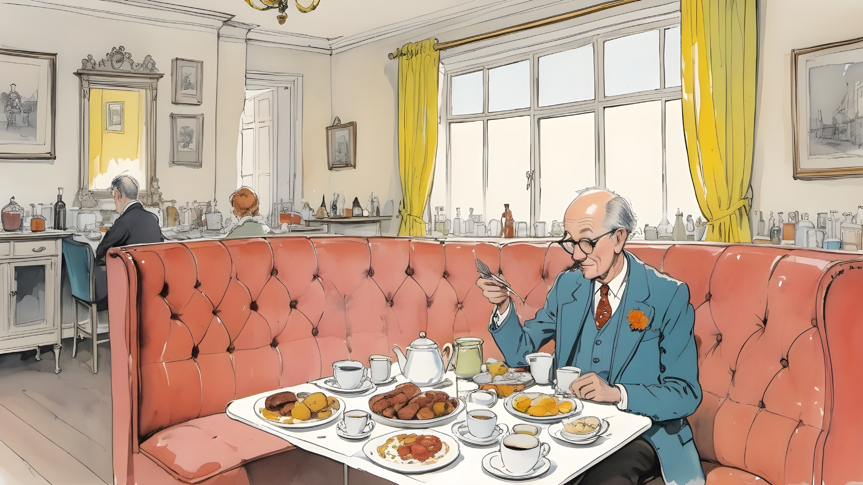 Cozy Room with Elderly Man Enjoying Tea and Pastries