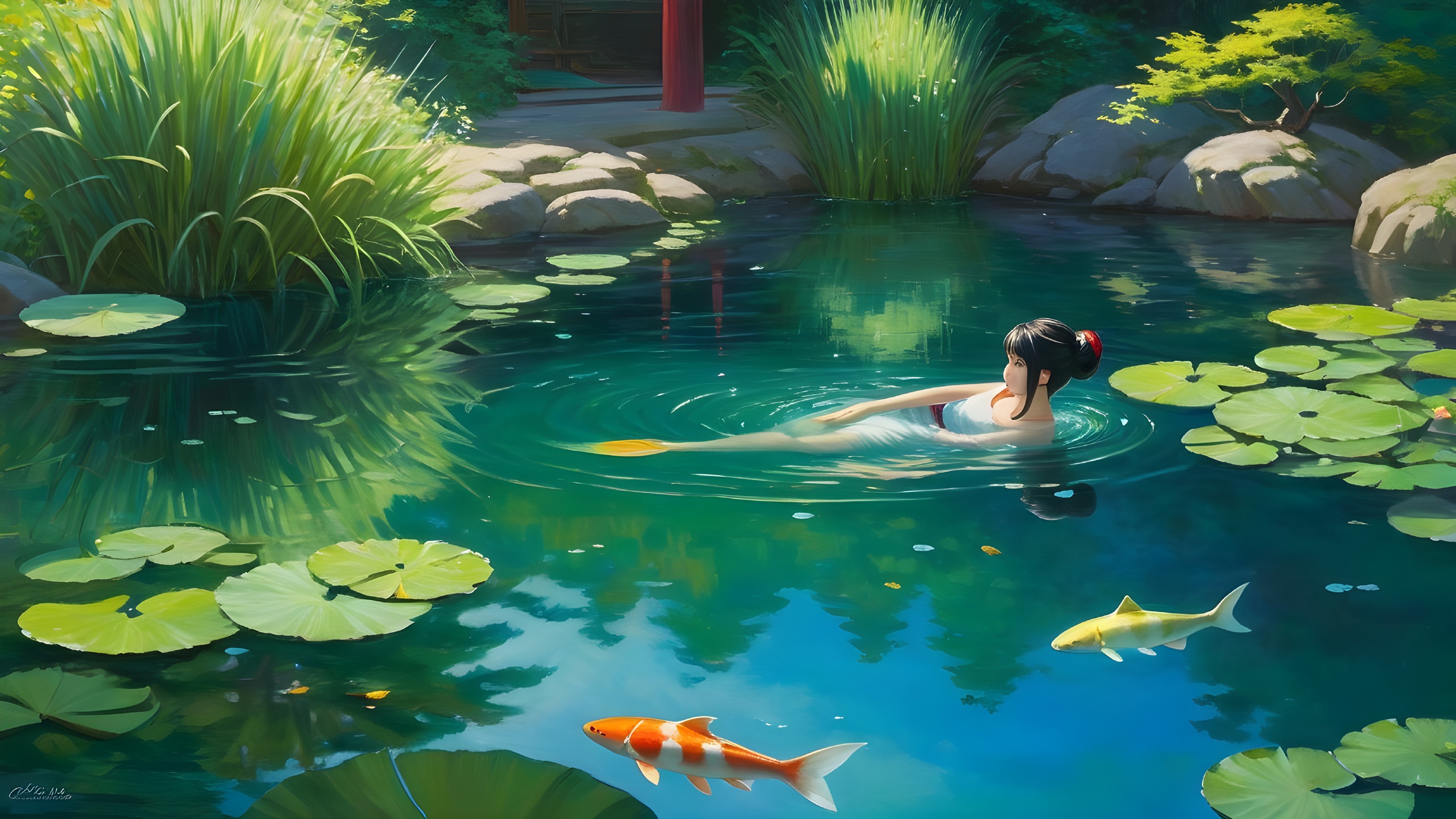 Serene pond scene with woman submerged and koi fish