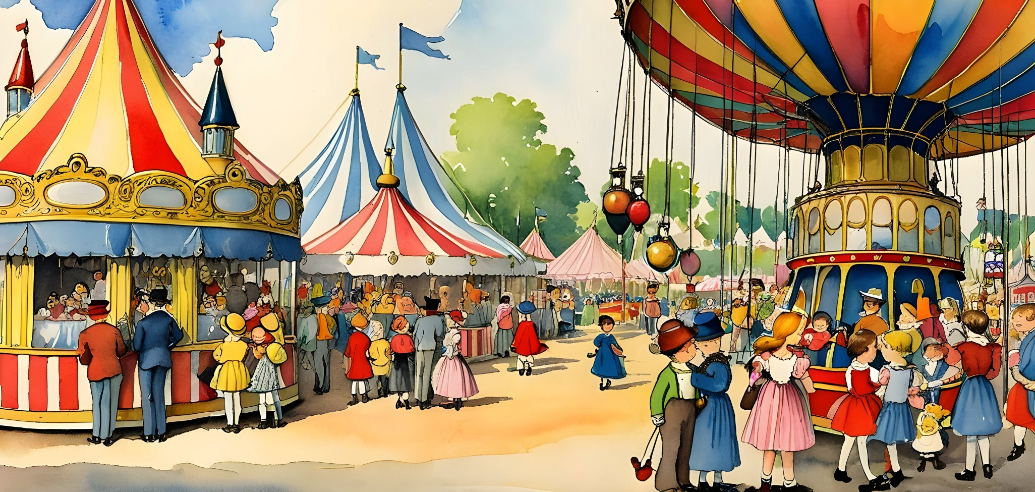 Colorful Carnival Scene with Tents and Rides