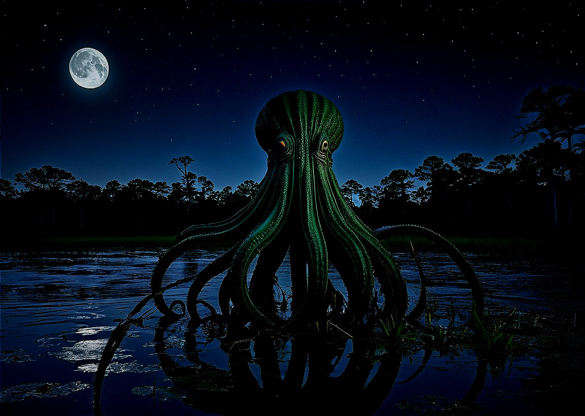 Mystical Octopus in Moonlit Swamp Scene