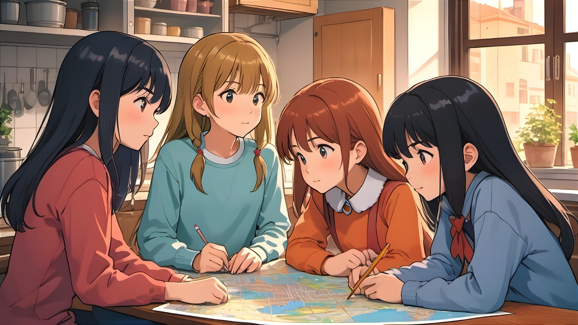 Friends Analyzing Map in Cozy Kitchen Setting