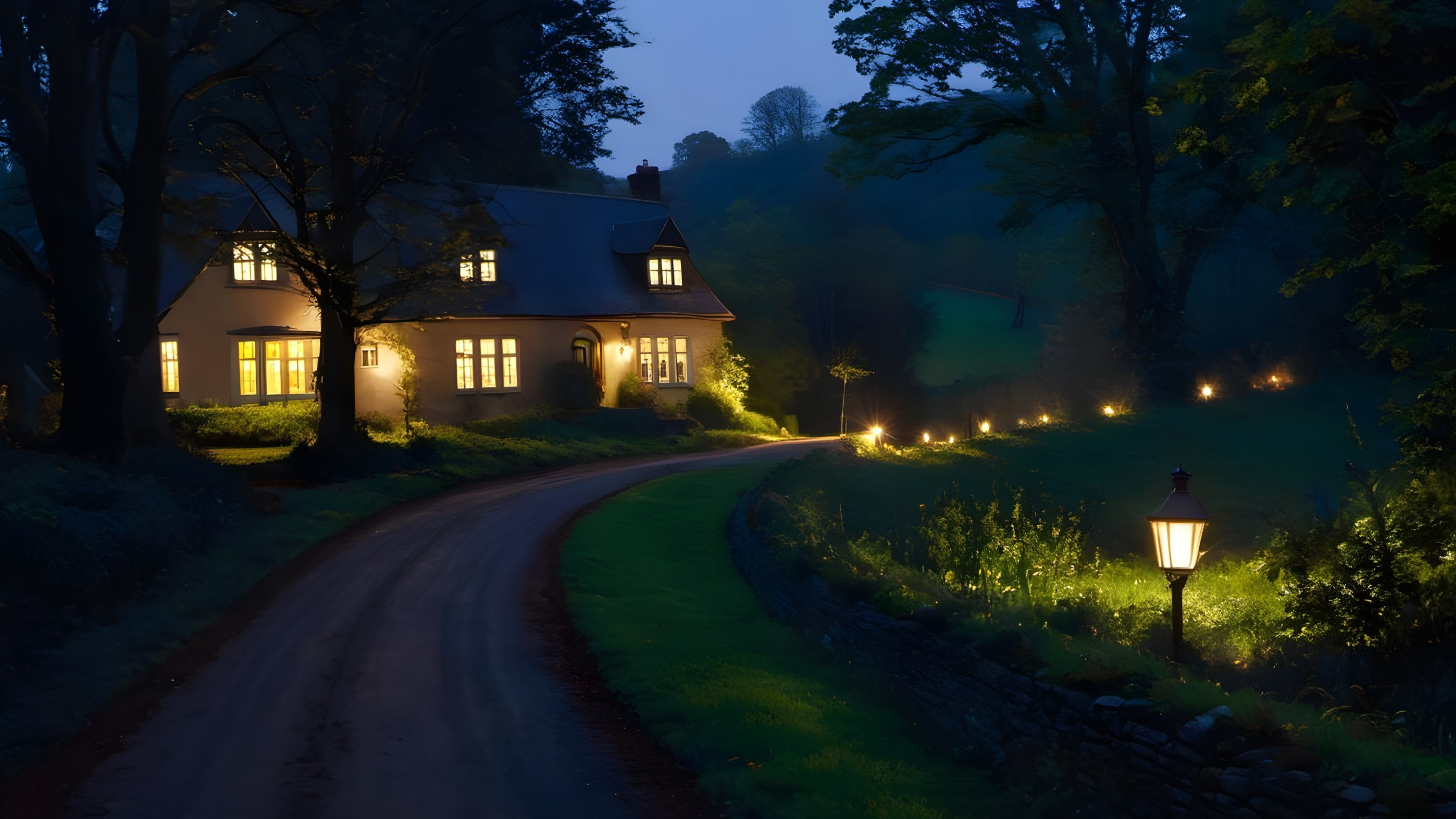 Charming House on Winding Dirt Road at Dusk
