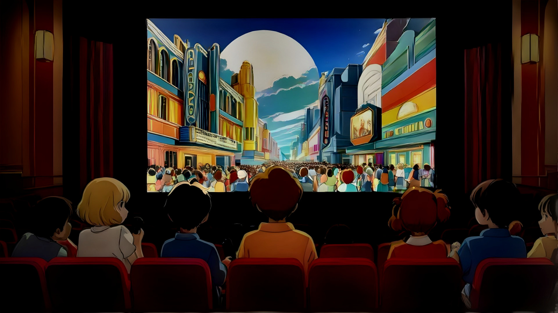 Vibrant Animated City Scene on Cinema Screen