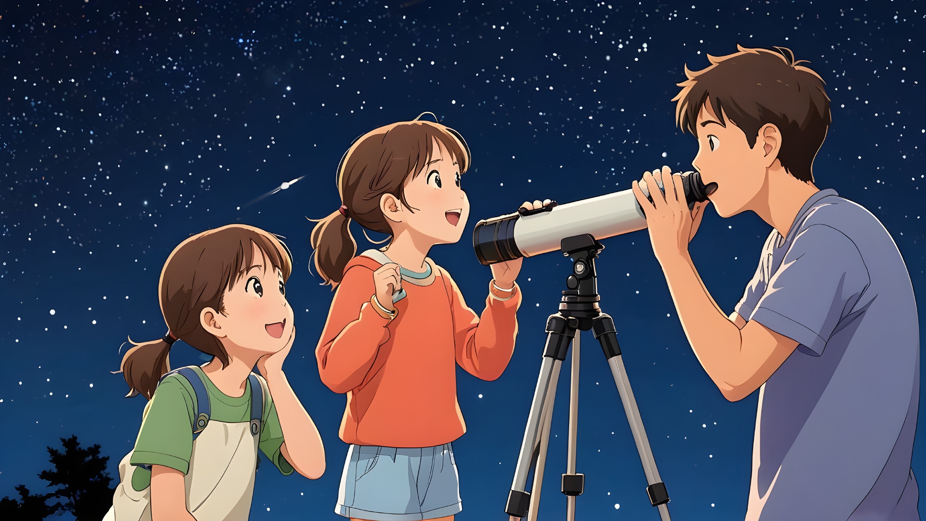 Cheerful Children Observing Stars Through a Telescope
