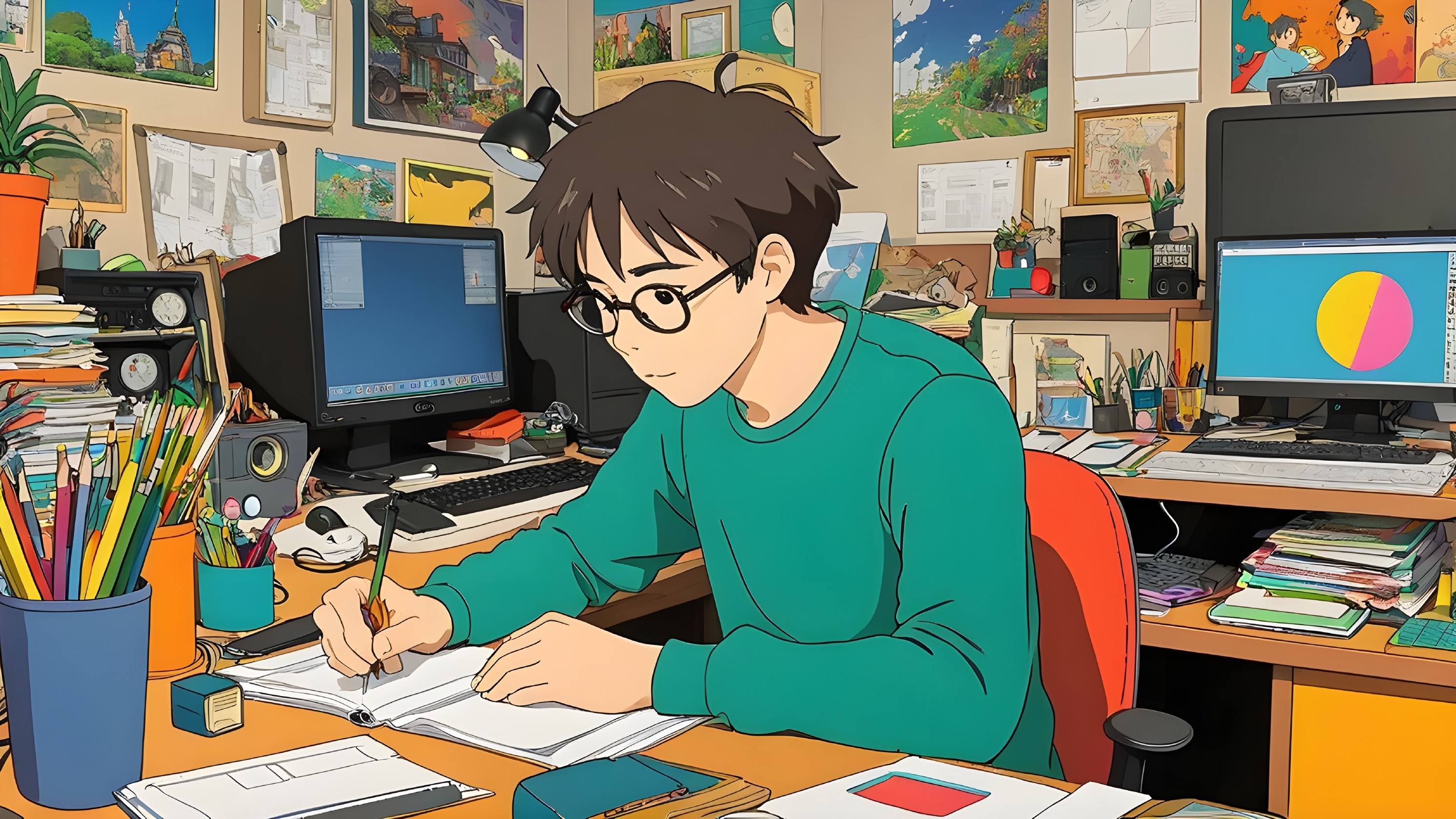 Young person at cluttered desk with art supplies